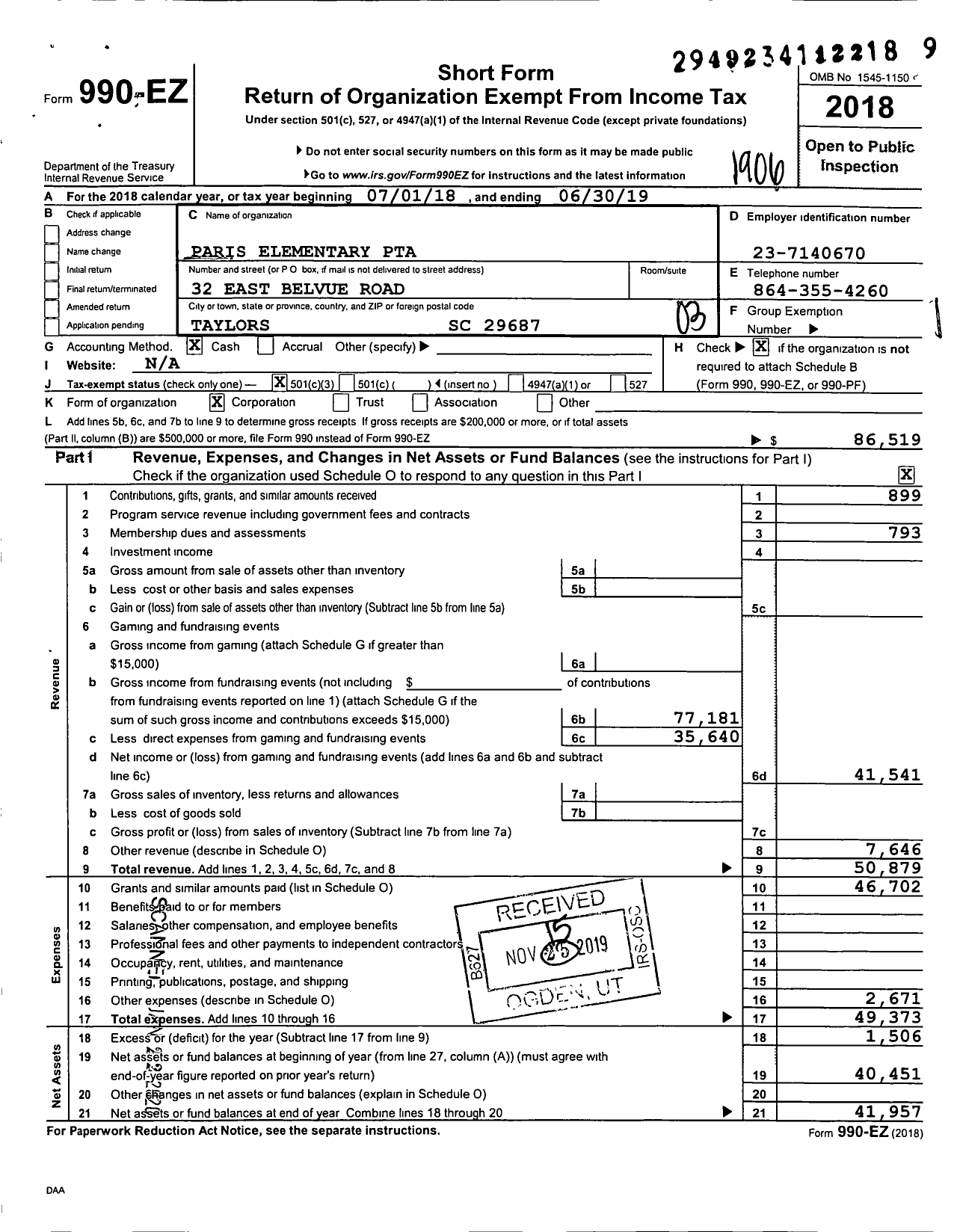 Image of first page of 2018 Form 990EZ for Paris Elementary PTA