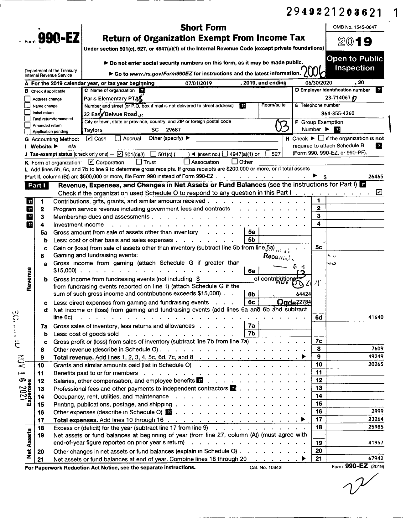 Image of first page of 2019 Form 990EZ for Paris Elementary PTA