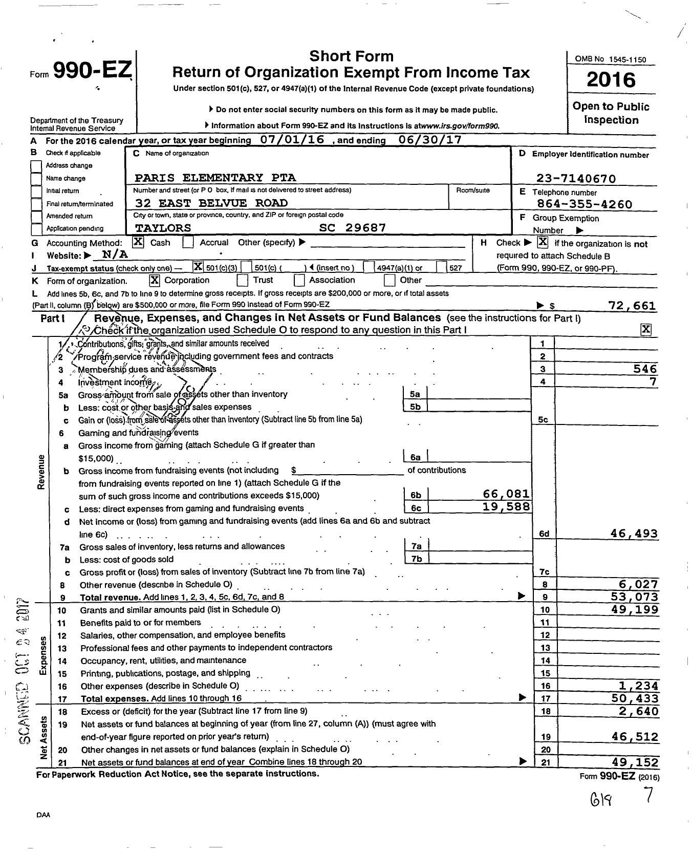 Image of first page of 2016 Form 990EZ for Paris Elementary PTA