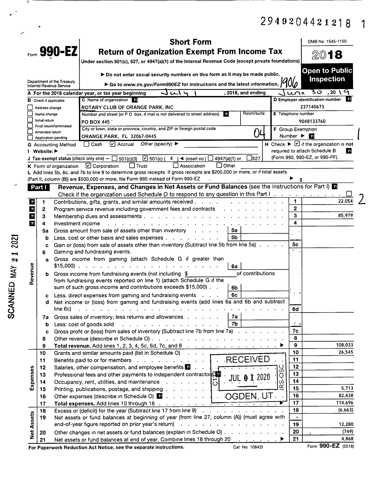 Image of first page of 2018 Form 990EO for Rotary International - Rotary Club of Orange Park Florida