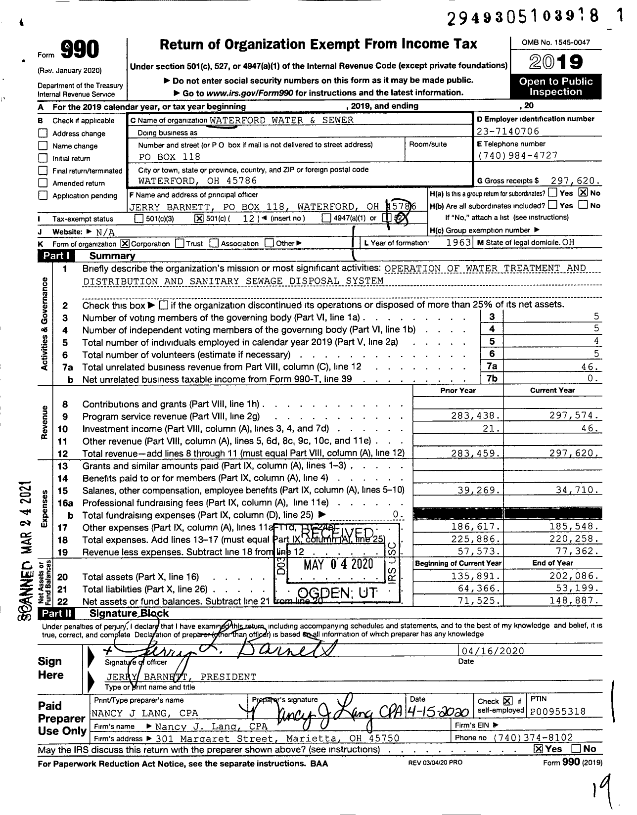 Image of first page of 2019 Form 990O for Waterford Water and Sewer