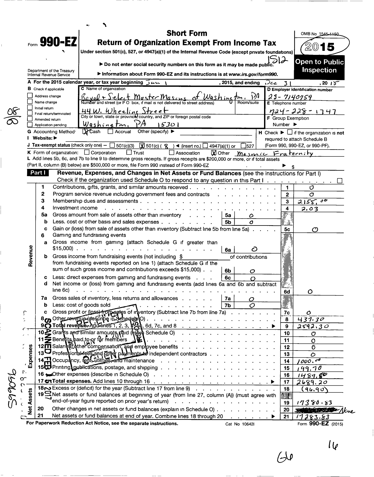 Image of first page of 2015 Form 990EO for Royal and Select Masters of Pennsylvania - 01 Washington