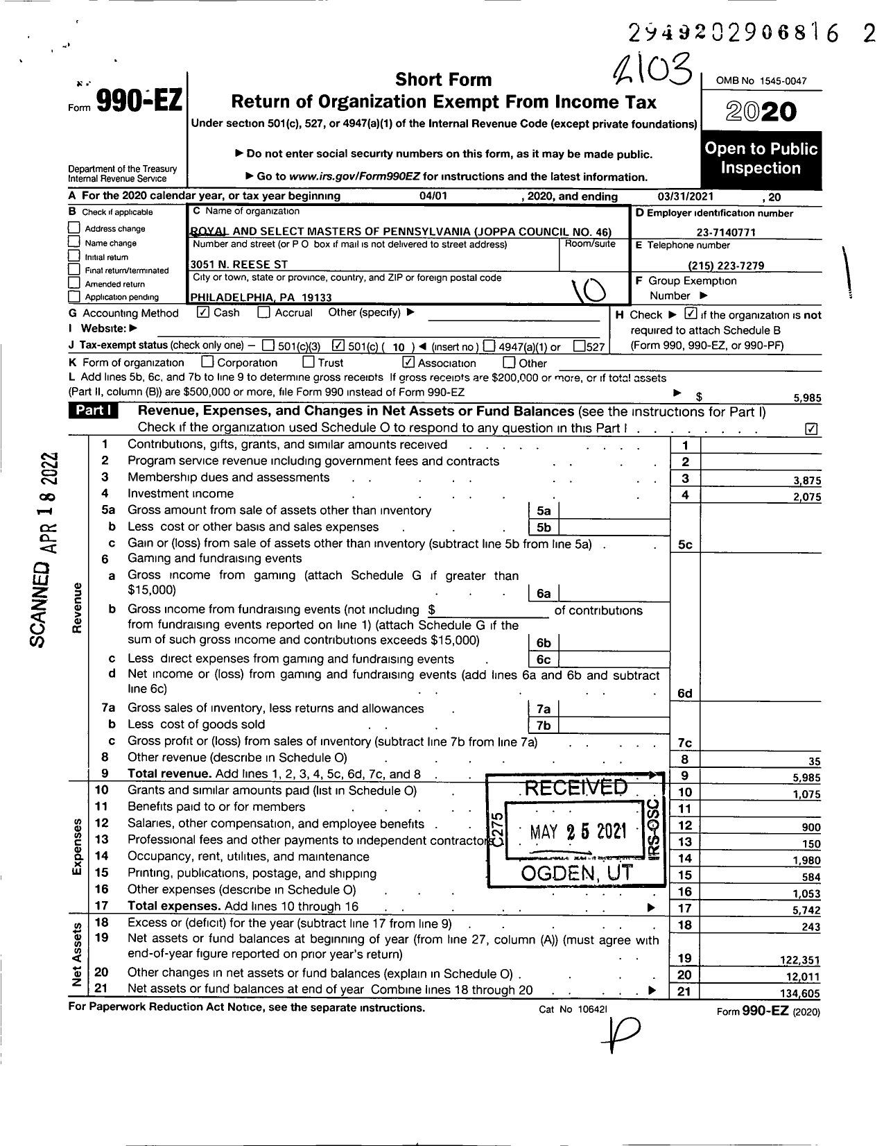 Image of first page of 2020 Form 990EO for Joppa Council No46 Royal and Select Master Masons of Pennsylvania