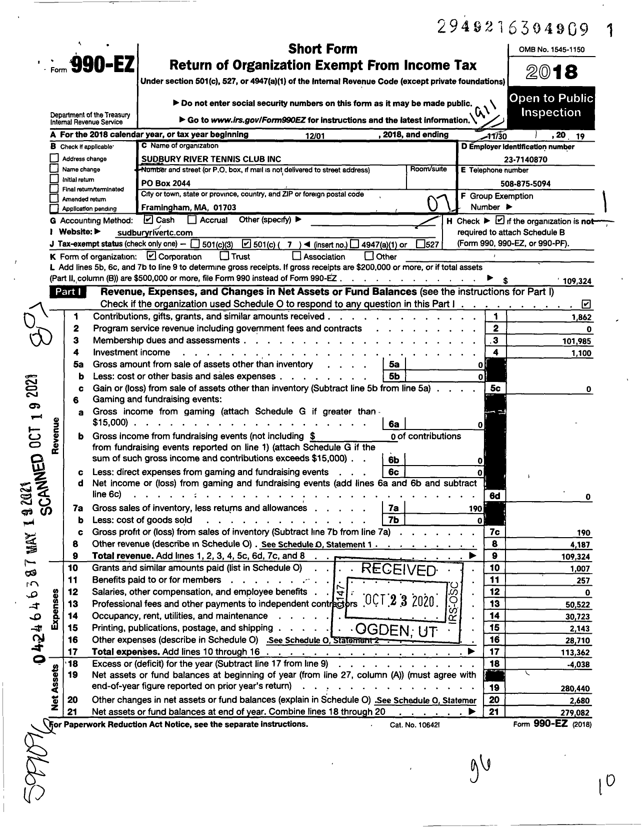 Image of first page of 2018 Form 990EO for Sudbury River Tennis Club