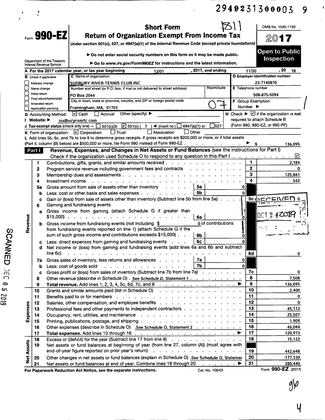 Image of first page of 2017 Form 990EO for Sudbury River Tennis Club