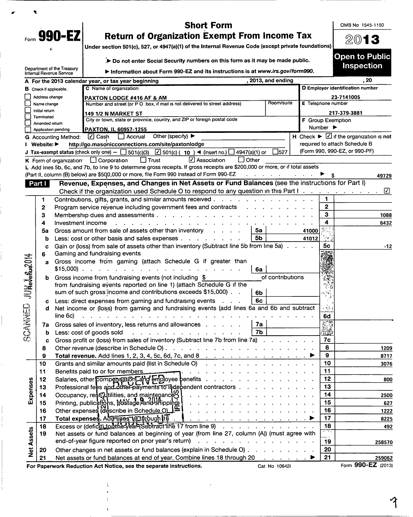 Image of first page of 2013 Form 990EO for Ancient Free & Accepted Masons of Illinois - 416 Paxton Lodge