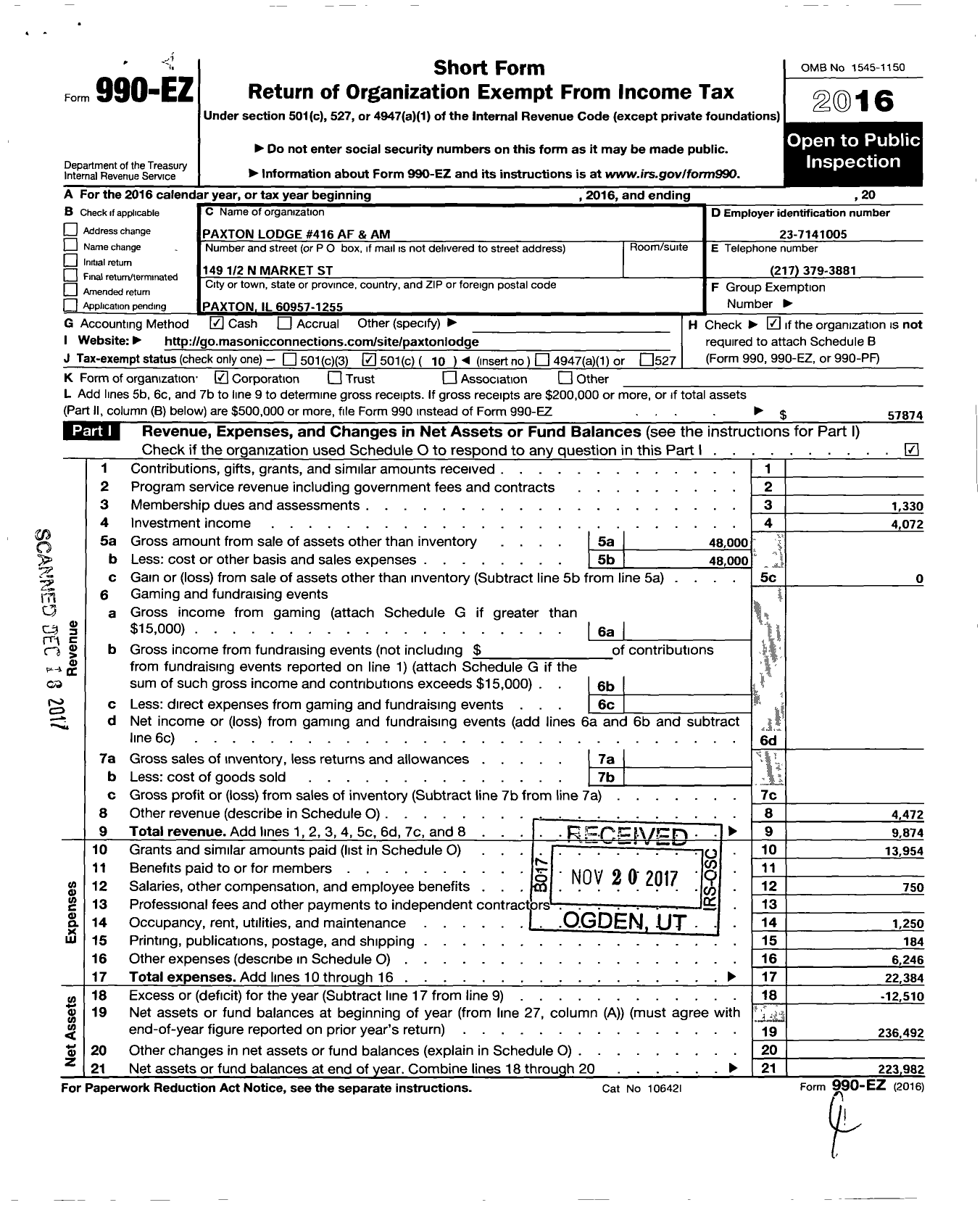 Image of first page of 2016 Form 990EO for Ancient Free & Accepted Masons of Illinois - 416 Paxton Lodge