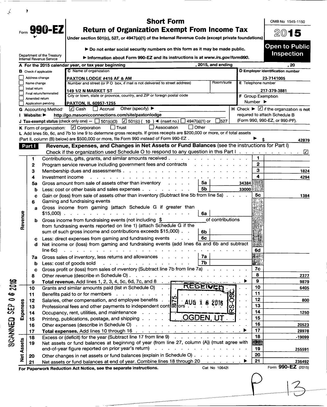 Image of first page of 2015 Form 990EO for Ancient Free & Accepted Masons of Illinois - 416 Paxton Lodge