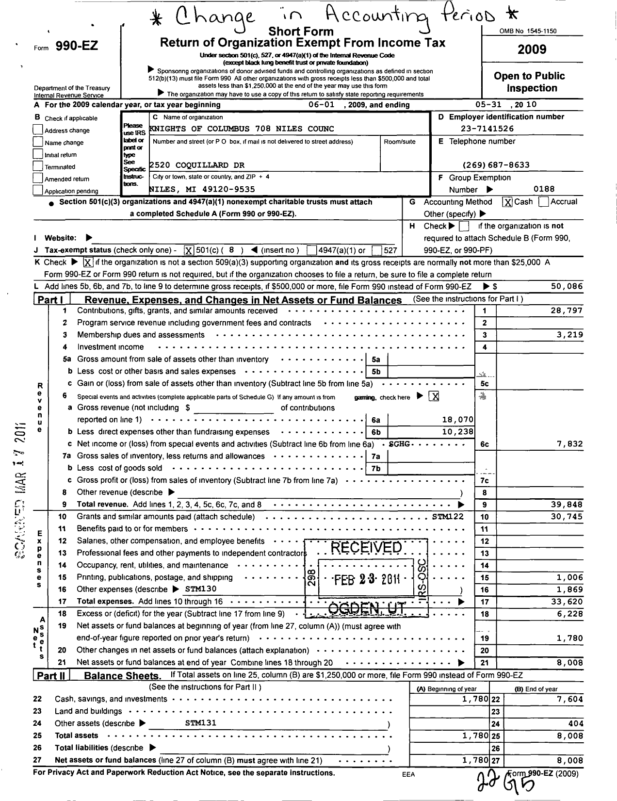 Image of first page of 2009 Form 990EO for Knights of Columbus - 708 Niles Council