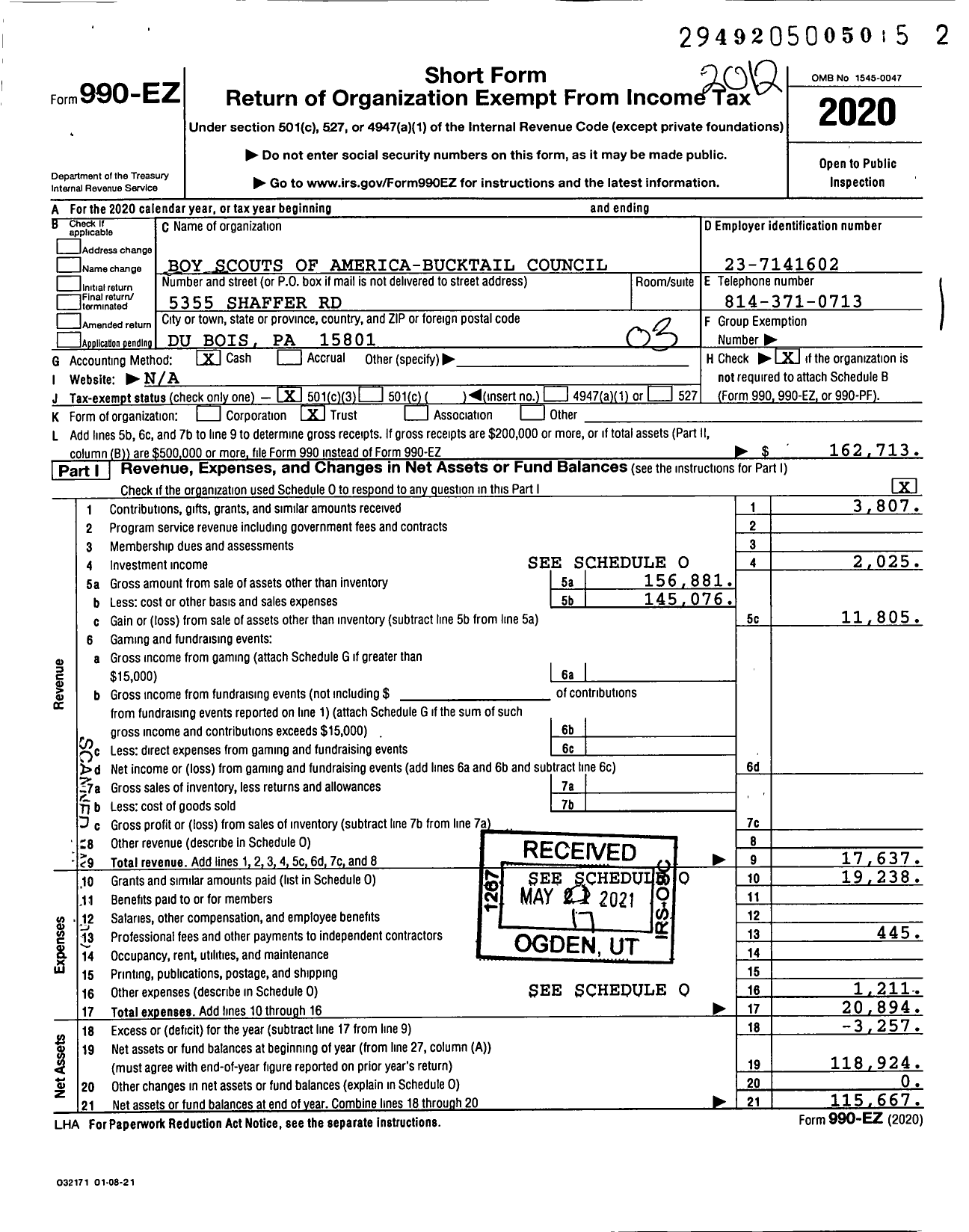 Image of first page of 2020 Form 990EZ for Boy Scouts of America - 509 Bucktail Council TR Fund