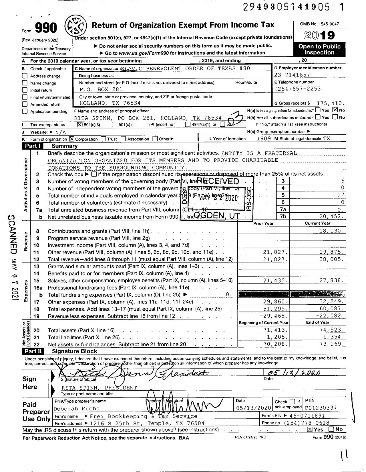 Image of first page of 2019 Form 990 for Slavic Benevolent Order of Texas #80