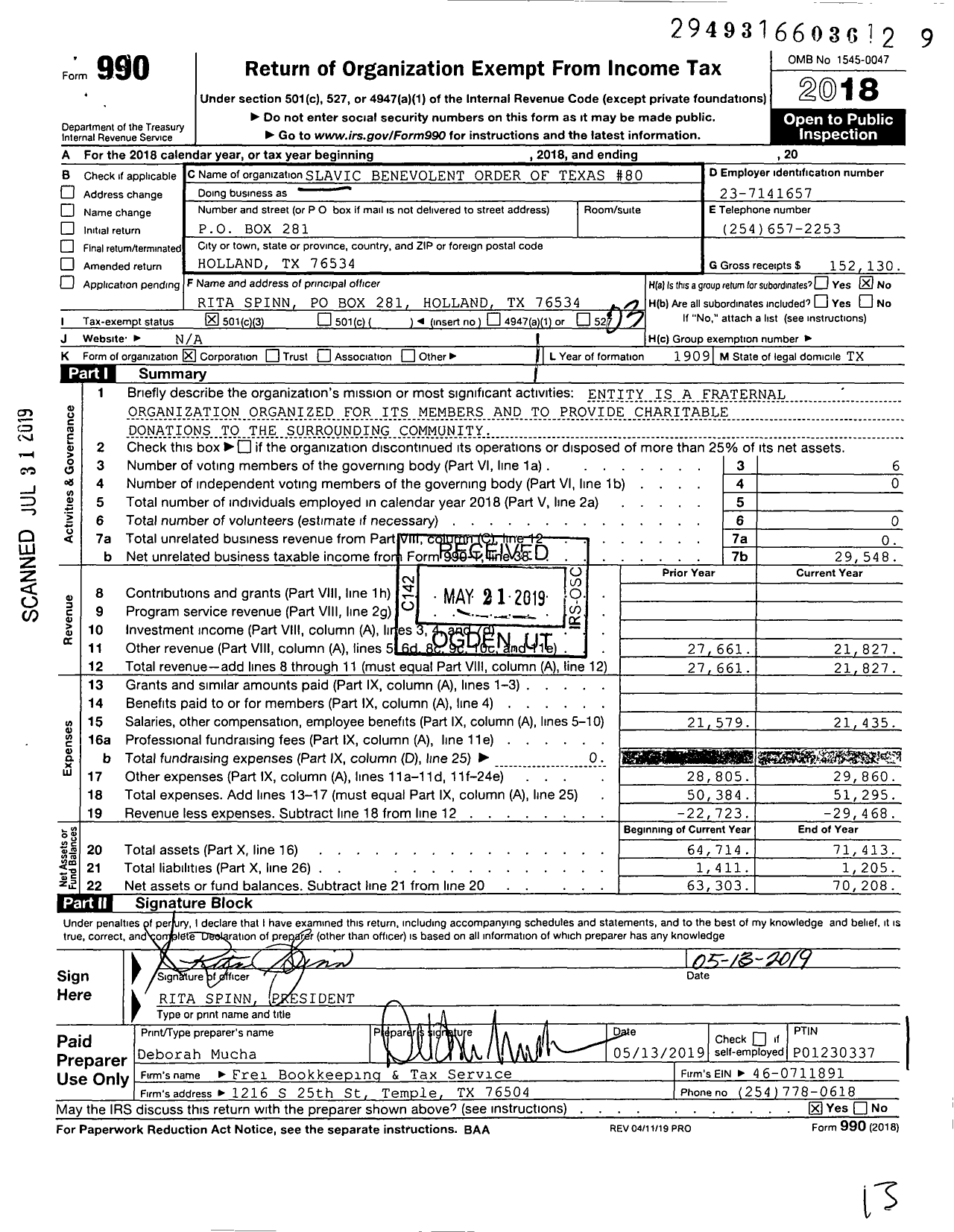 Image of first page of 2018 Form 990 for Slavic Benevolent Order of Texas #80