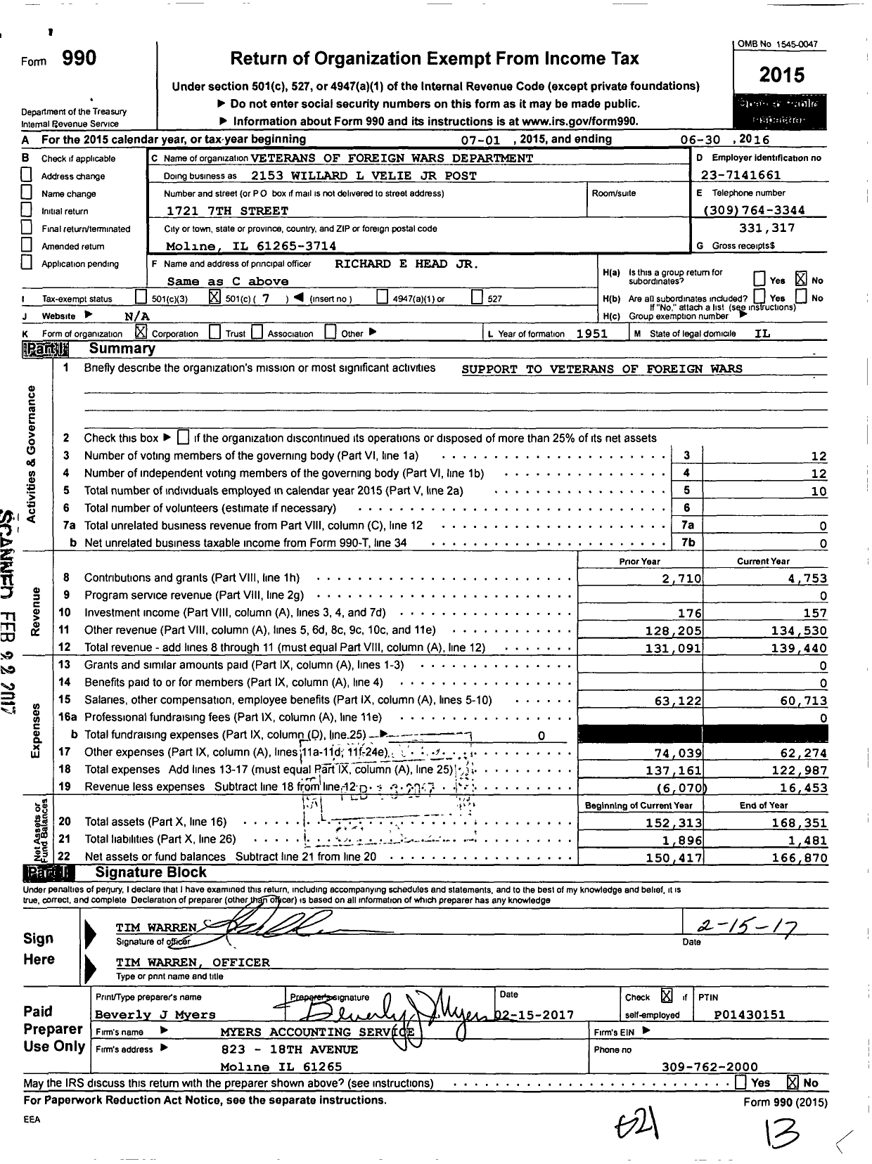 Image of first page of 2015 Form 990O for VFW Dept of Illinois - Post 2153 Willard L Velie JR