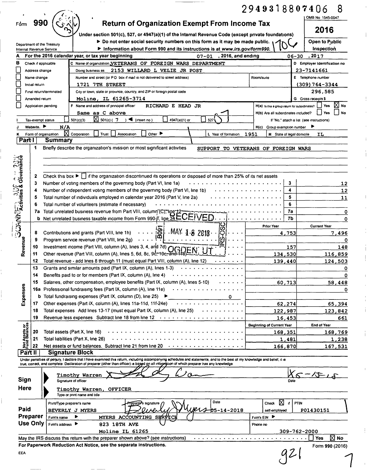 Image of first page of 2016 Form 990O for VFW Dept of Illinois - Post 2153 Willard L Velie JR