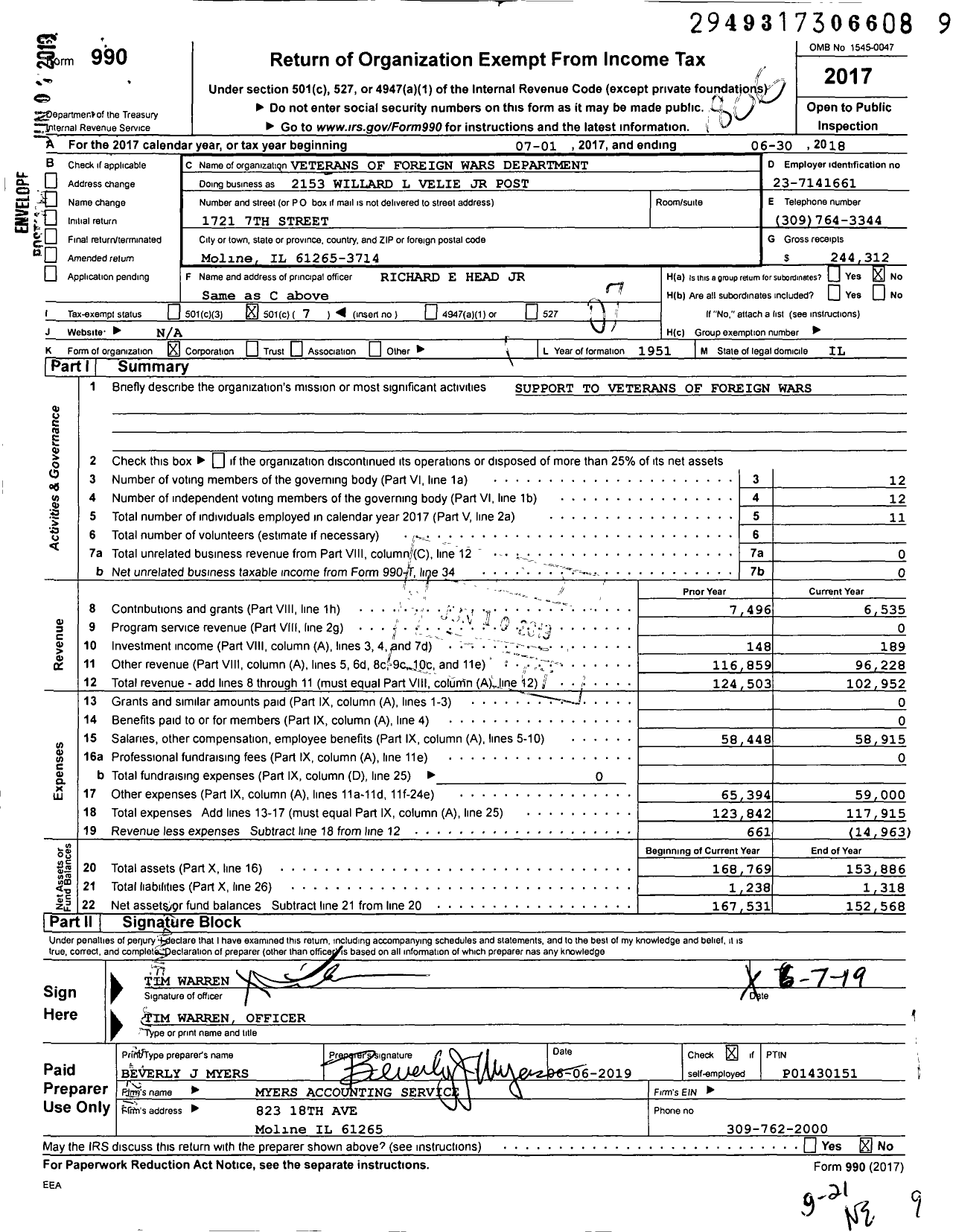 Image of first page of 2017 Form 990O for VFW Dept of Illinois - Post 2153 Willard L Velie JR