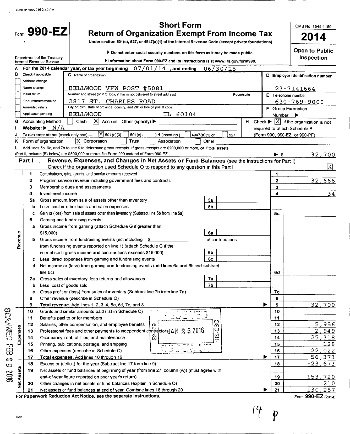 Image of first page of 2014 Form 990EZ for Bellwood Memorial Post No 5081 Veterans of Foreign Wars of the Us