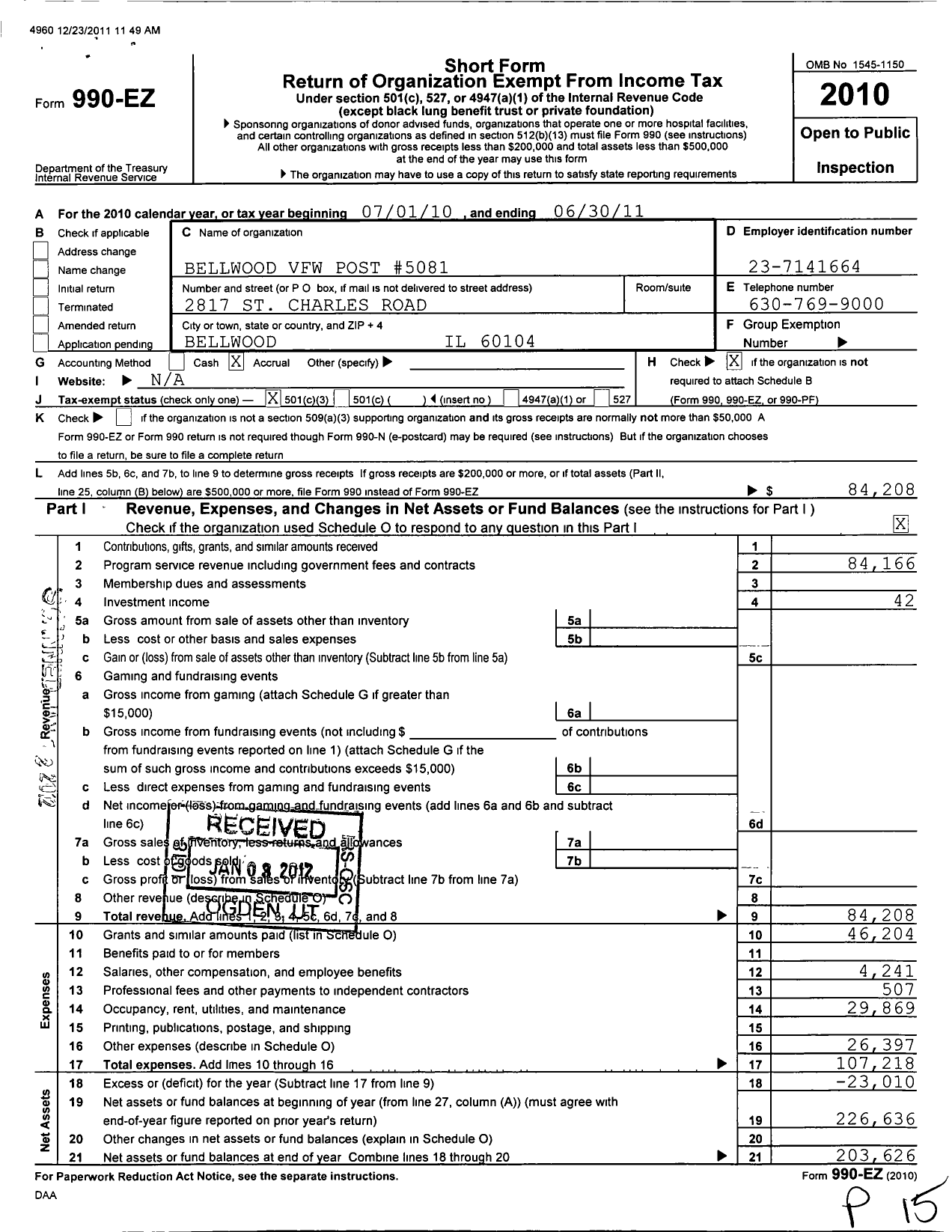 Image of first page of 2010 Form 990EZ for Bellwood Memorial Post No 5081 Veterans of Foreign Wars of the Us