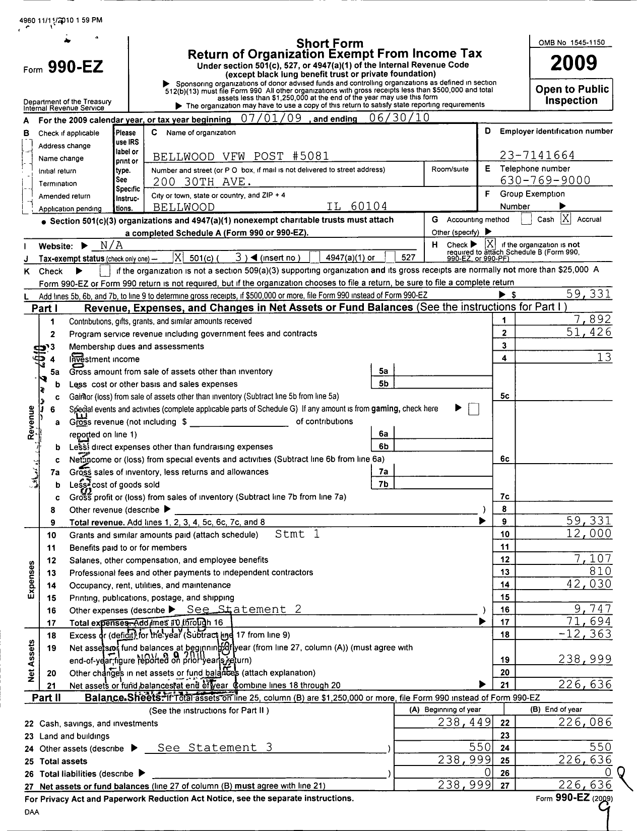 Image of first page of 2009 Form 990EZ for Bellwood Memorial Post No 5081 Veterans of Foreign Wars of the Us