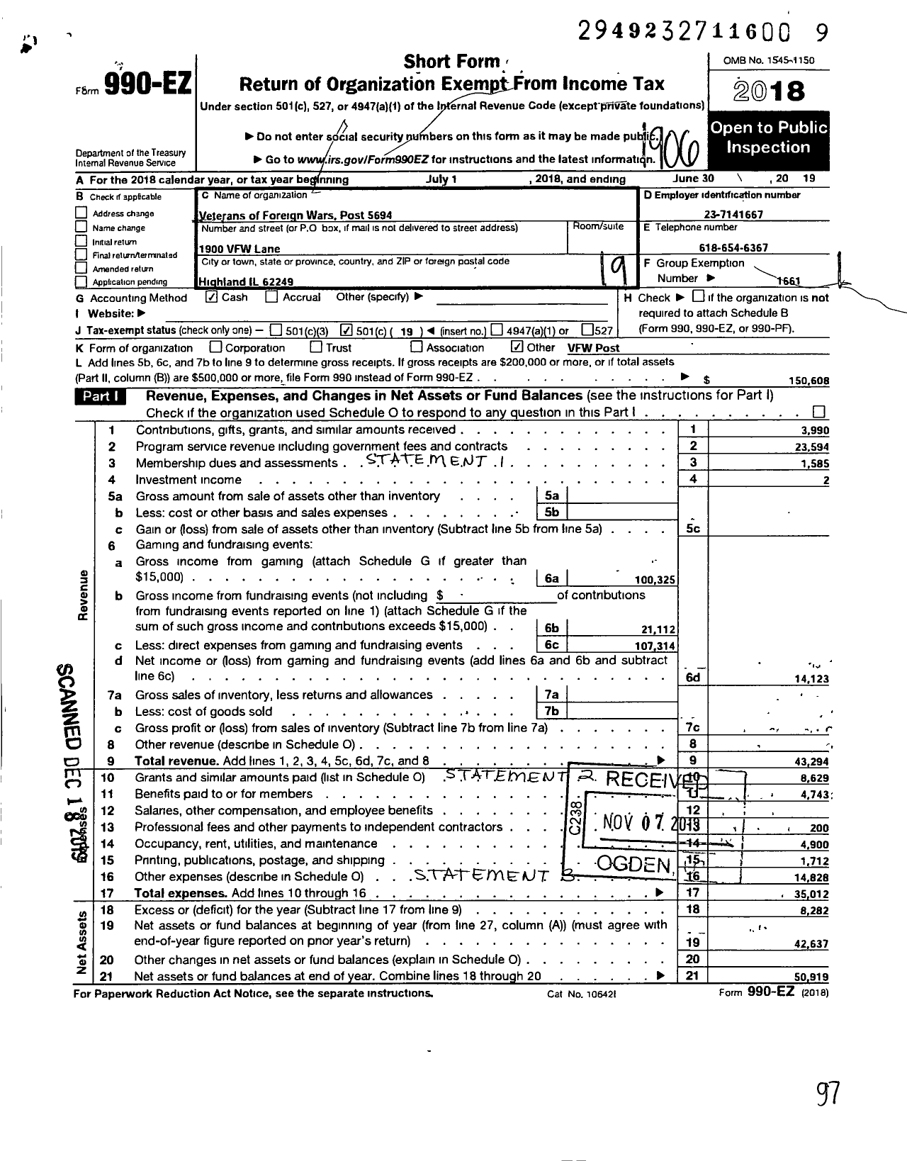 Image of first page of 2018 Form 990EO for VFW Dept OF ILLINOIS - Highland Post 5694