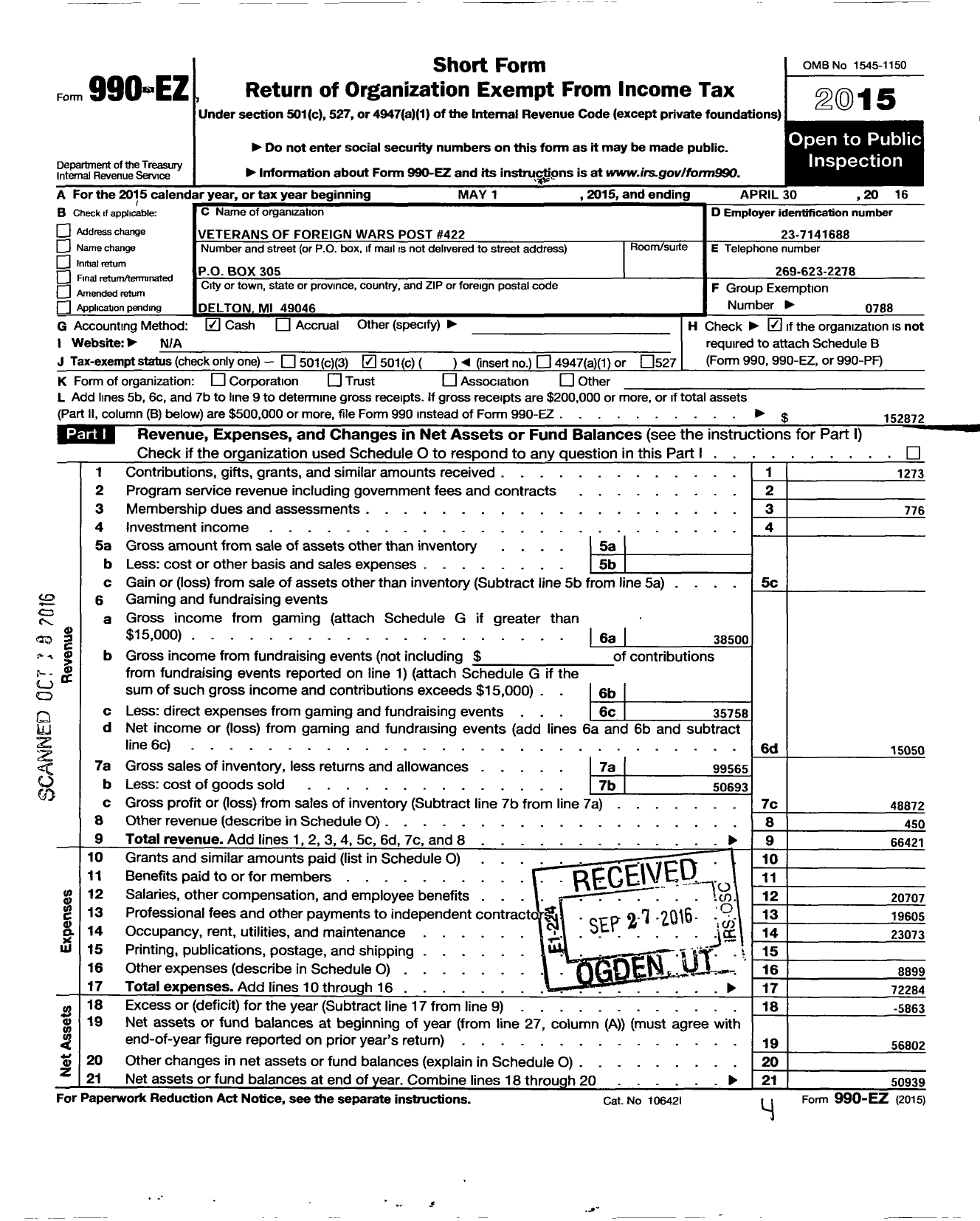 Image of first page of 2015 Form 990EO for VFW Department of Michigan - Dist 8 422 Delton Memorial