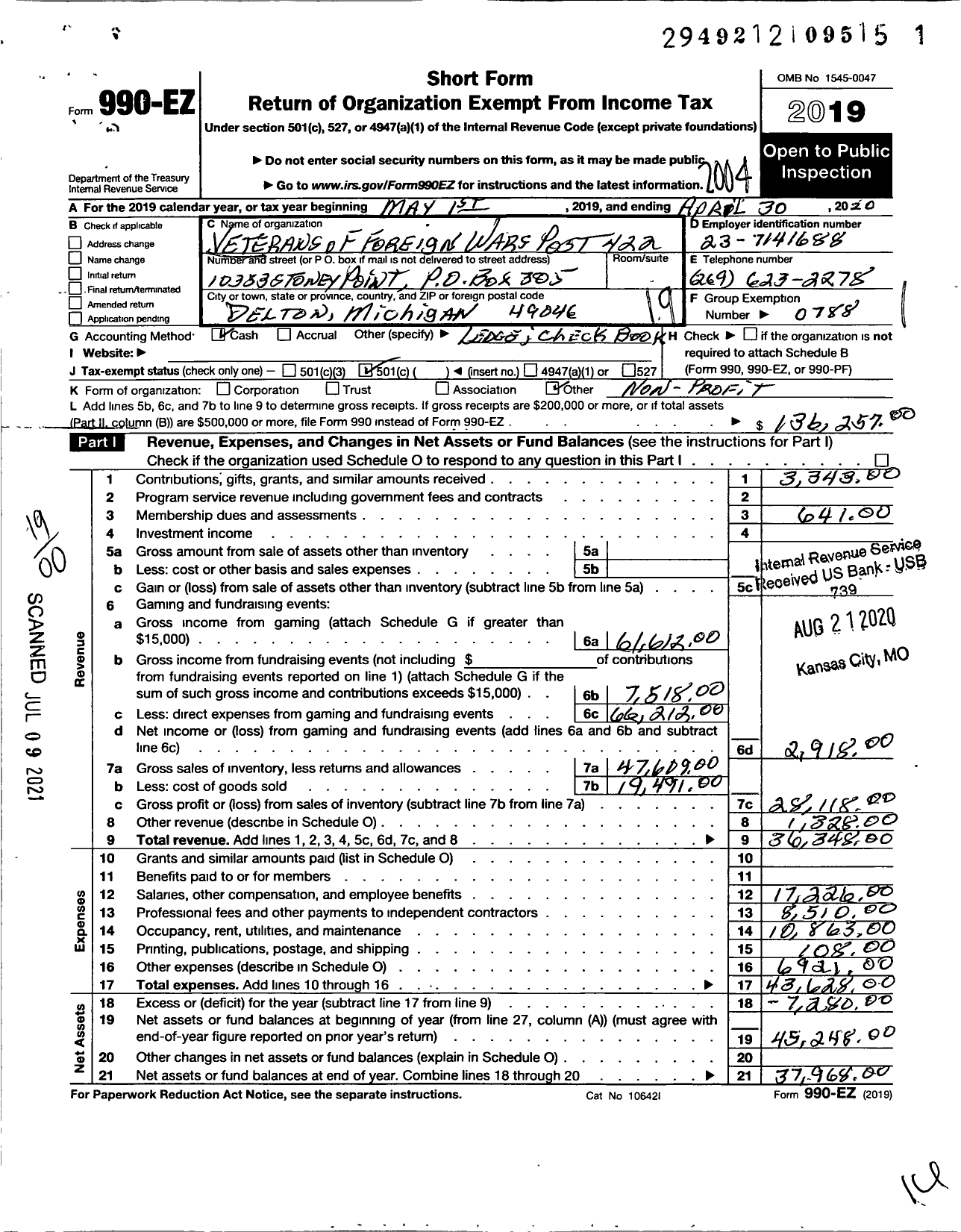 Image of first page of 2019 Form 990EO for VFW Department of Michigan - Dist 8 422 Delton Memorial