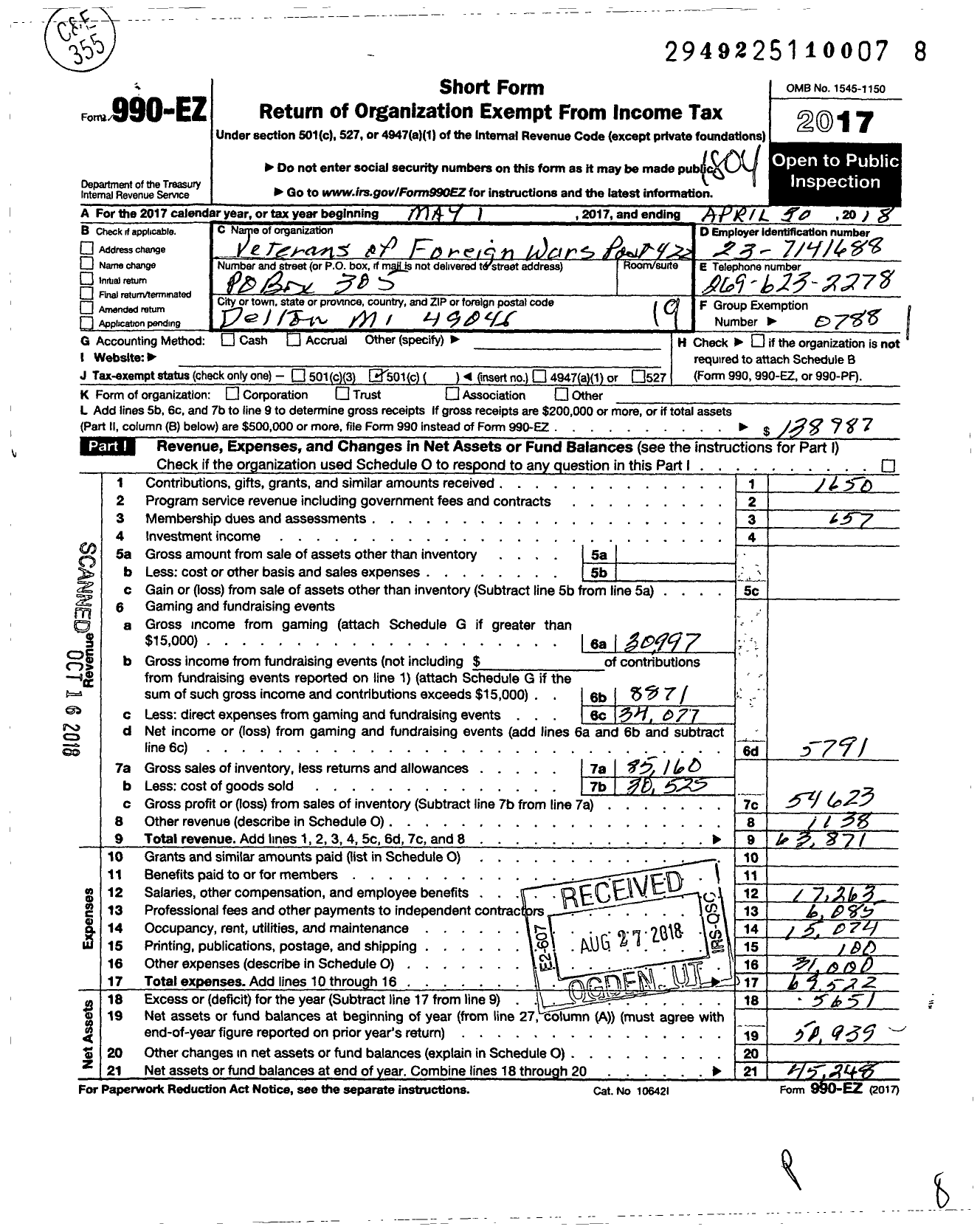 Image of first page of 2017 Form 990EO for VFW Department of Michigan - Dist 8 422 Delton Memorial