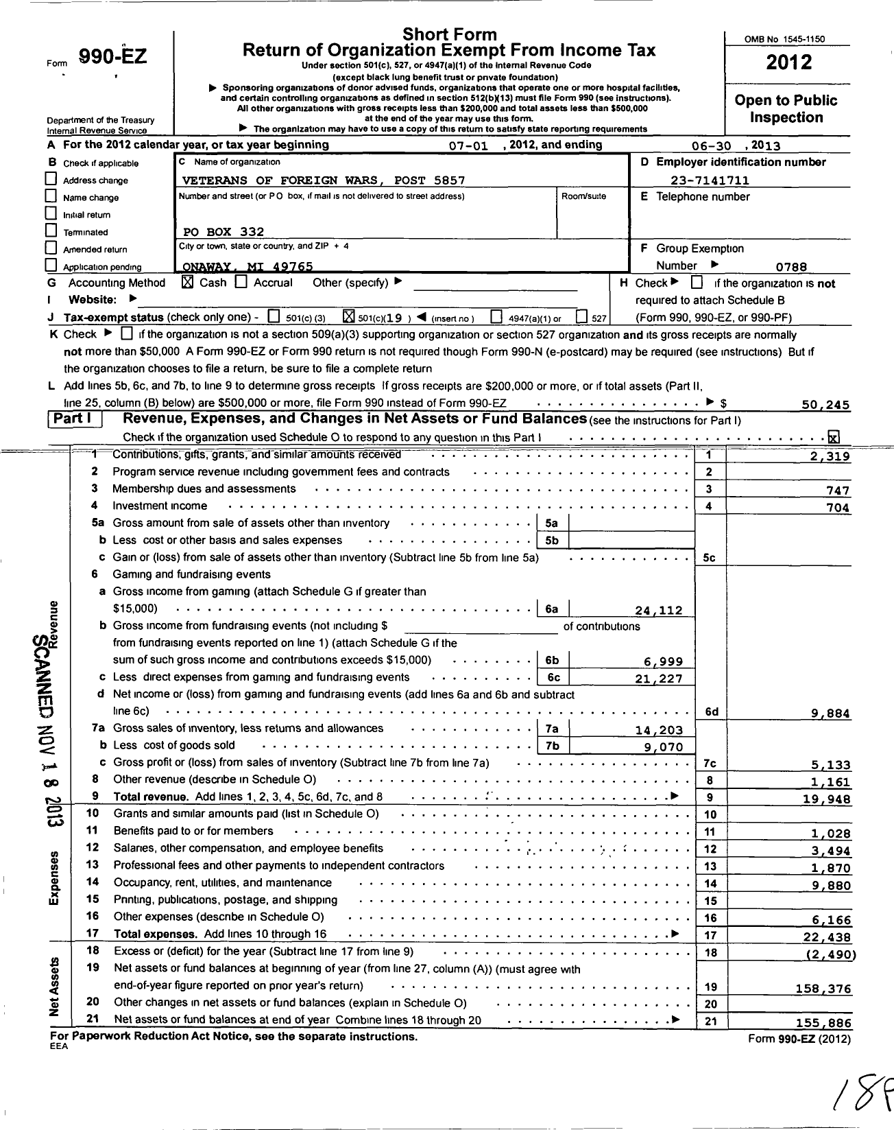 Image of first page of 2012 Form 990EO for VFW Department of Michigan - Dist 13 5857 George Garms