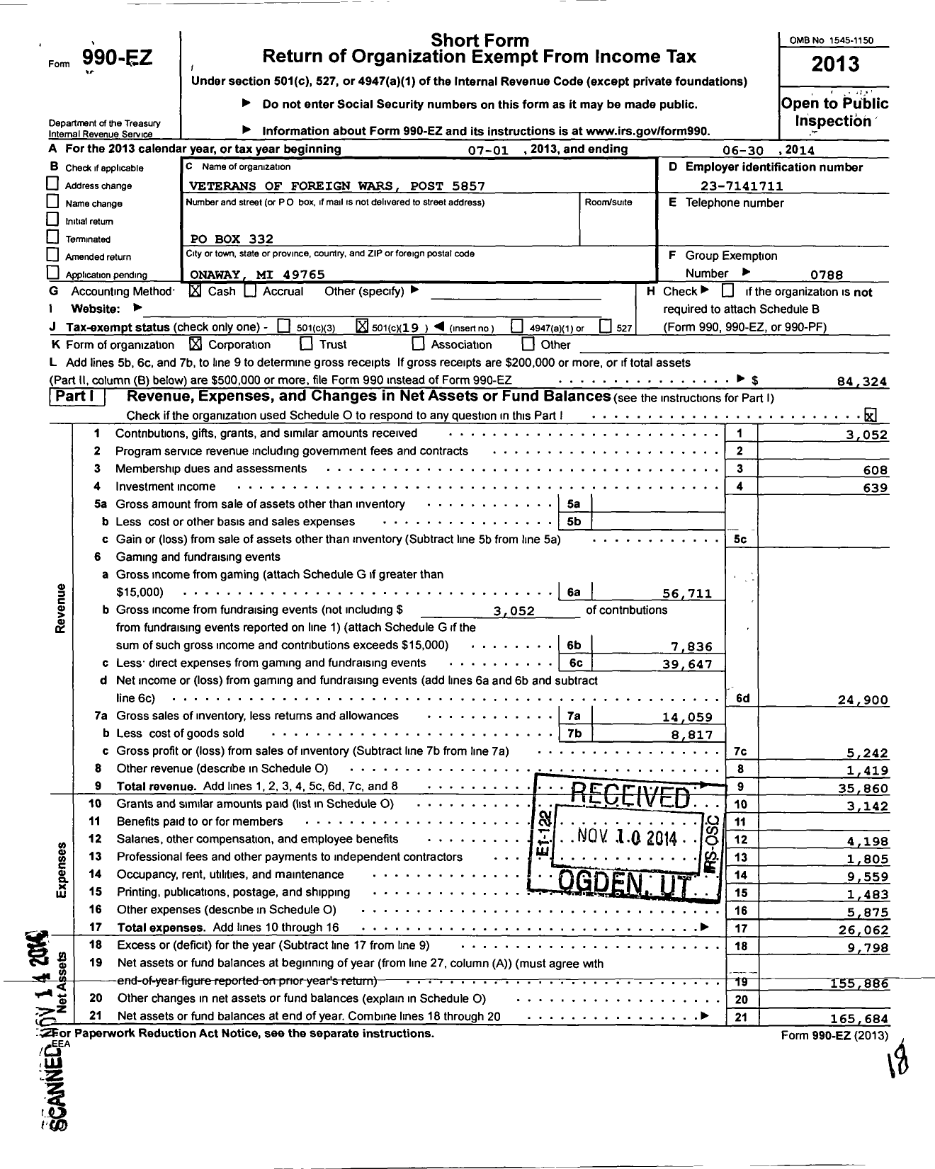 Image of first page of 2013 Form 990EO for VFW Department of Michigan - Dist 13 5857 George Garms