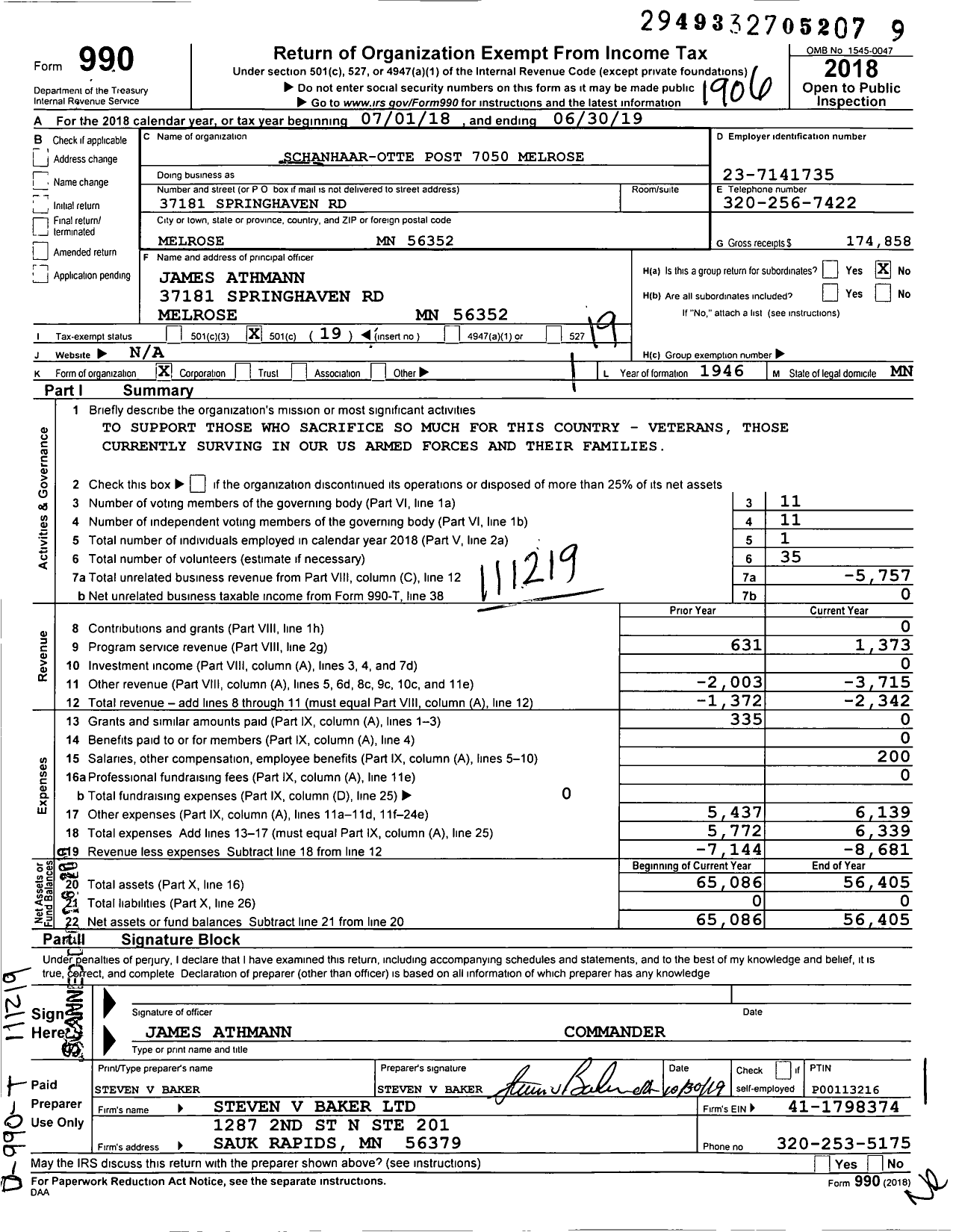 Image of first page of 2018 Form 990O for MN VFW - Schanhaar-Otte Post 7050