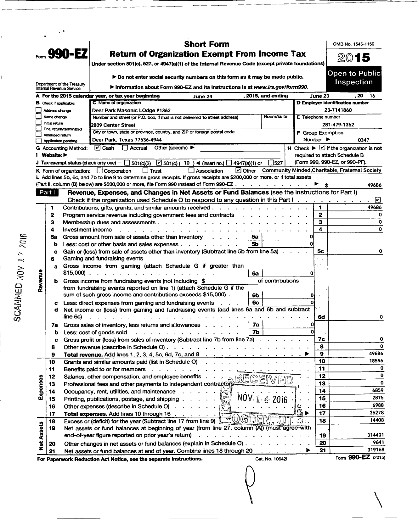 Image of first page of 2015 Form 990EO for Freemasons in Texas - 1362 Deer Park