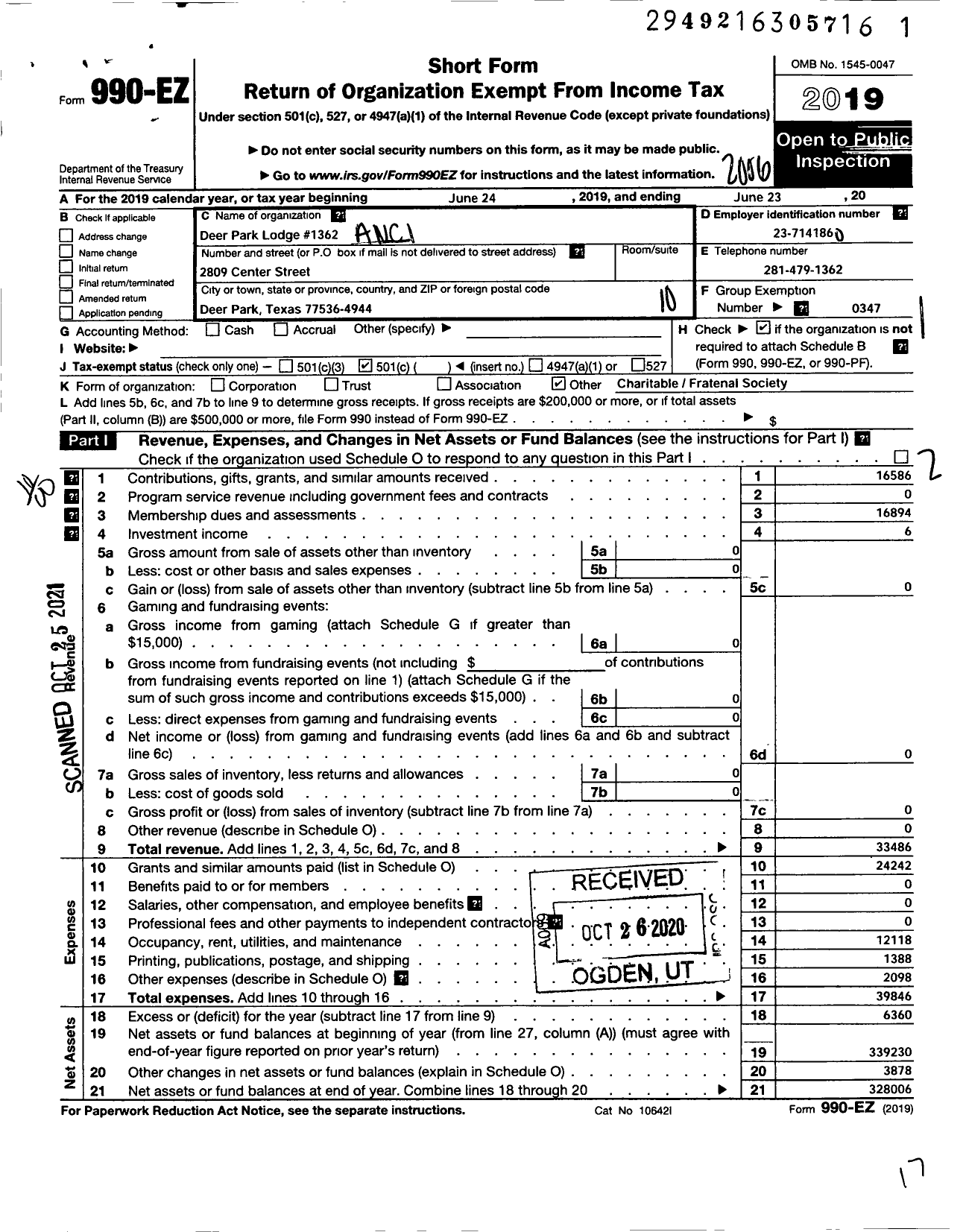 Image of first page of 2019 Form 990EO for Freemasons in Texas - 1362 Deer Park