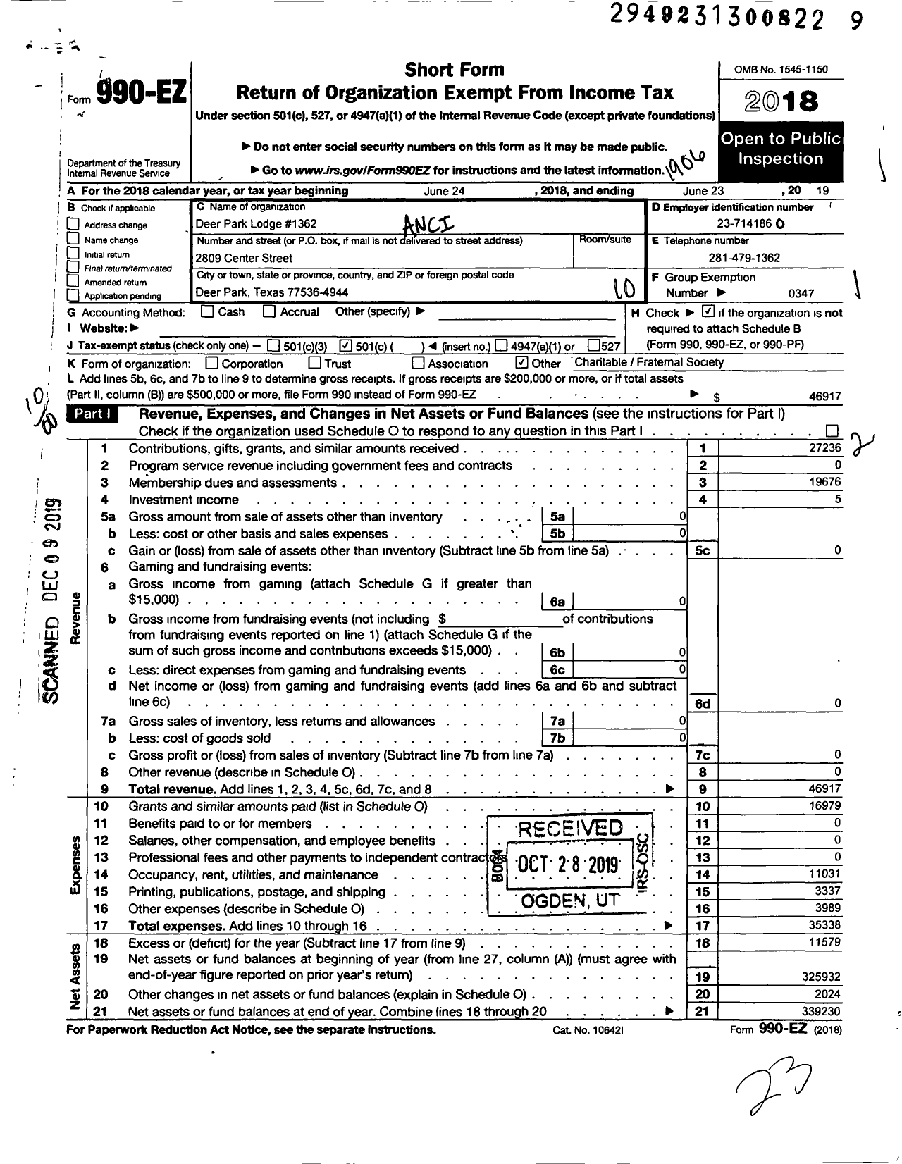 Image of first page of 2018 Form 990EO for Freemasons in Texas - 1362 Deer Park