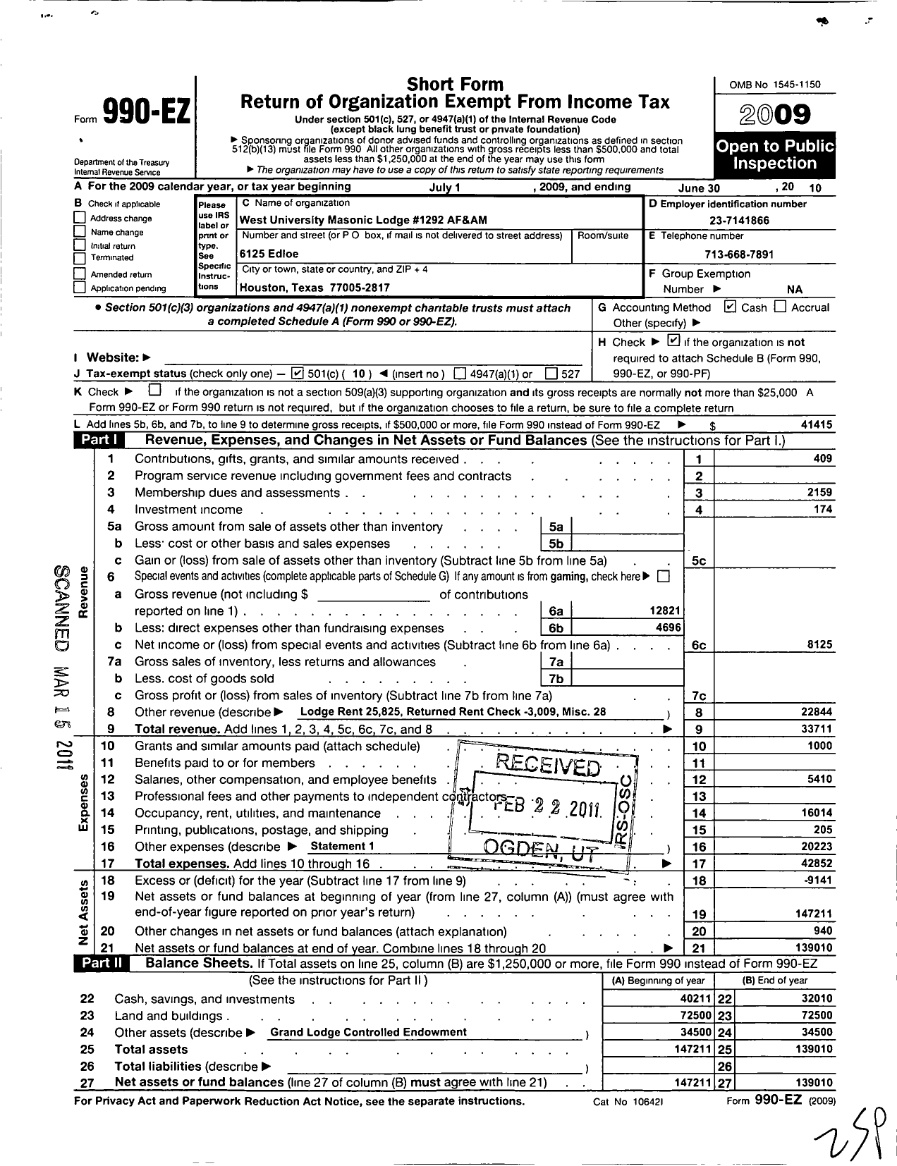 Image of first page of 2009 Form 990EO for Freemasons in Texas - 1292 West University