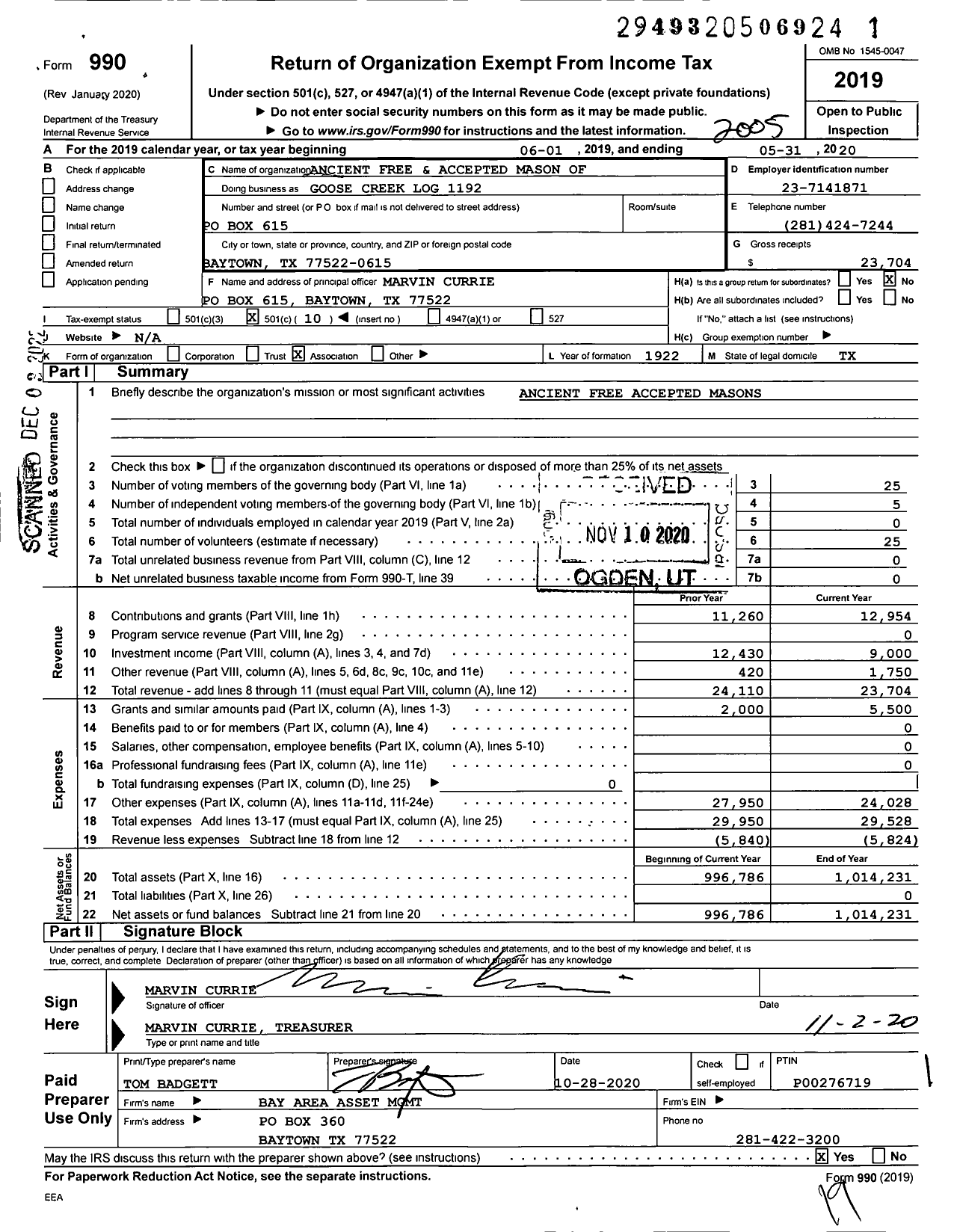 Image of first page of 2019 Form 990O for Freemasons in Texas - Goose Creek Log 1192