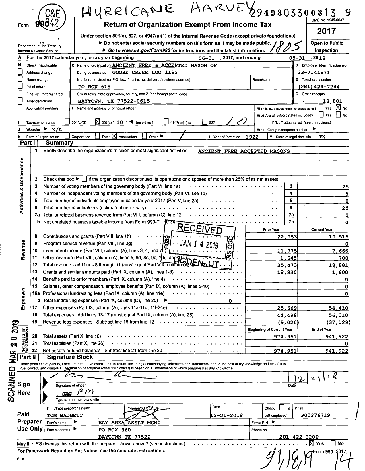 Image of first page of 2017 Form 990O for Freemasons in Texas - Goose Creek Log 1192