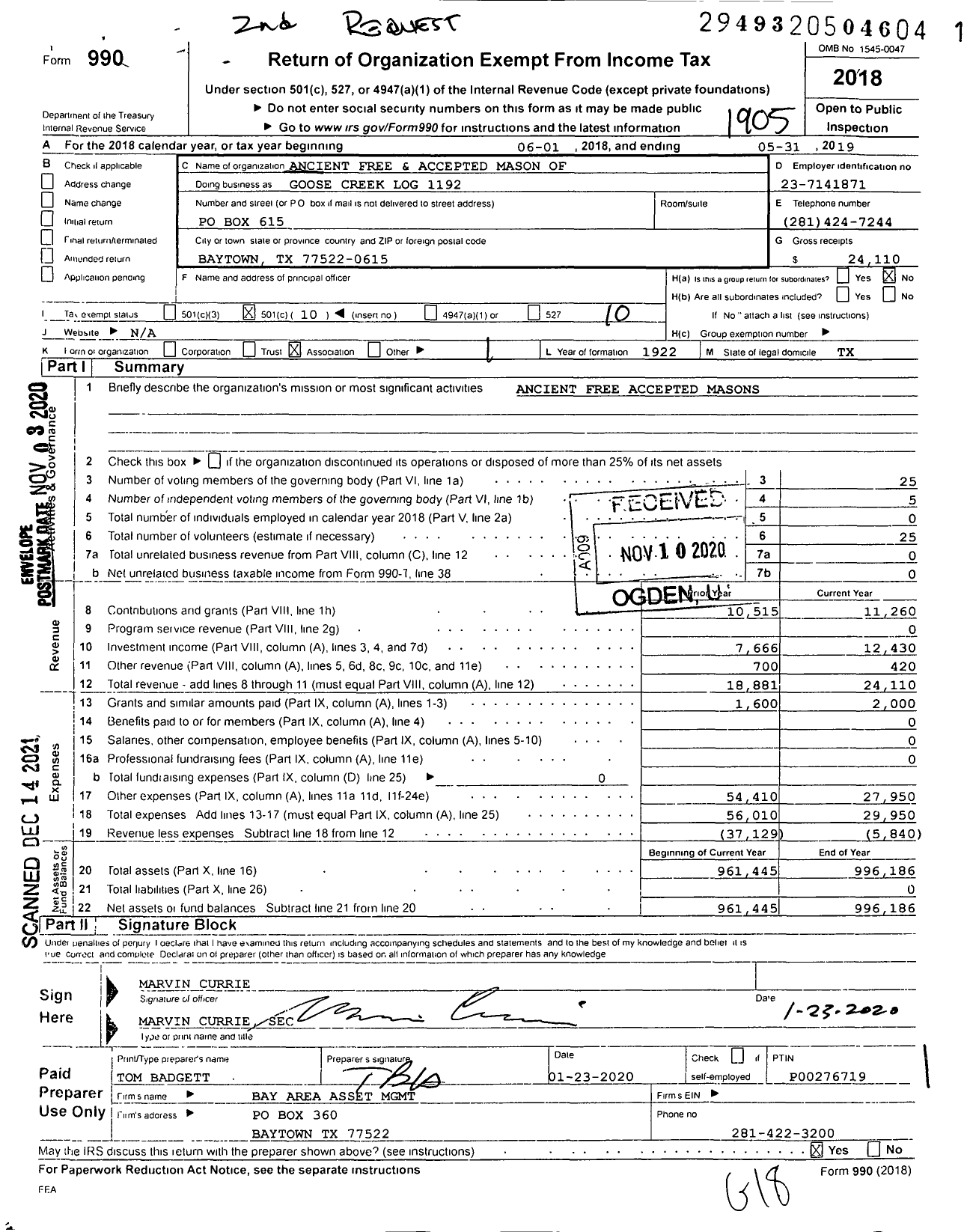 Image of first page of 2018 Form 990O for Freemasons in Texas - Goose Creek Log 1192