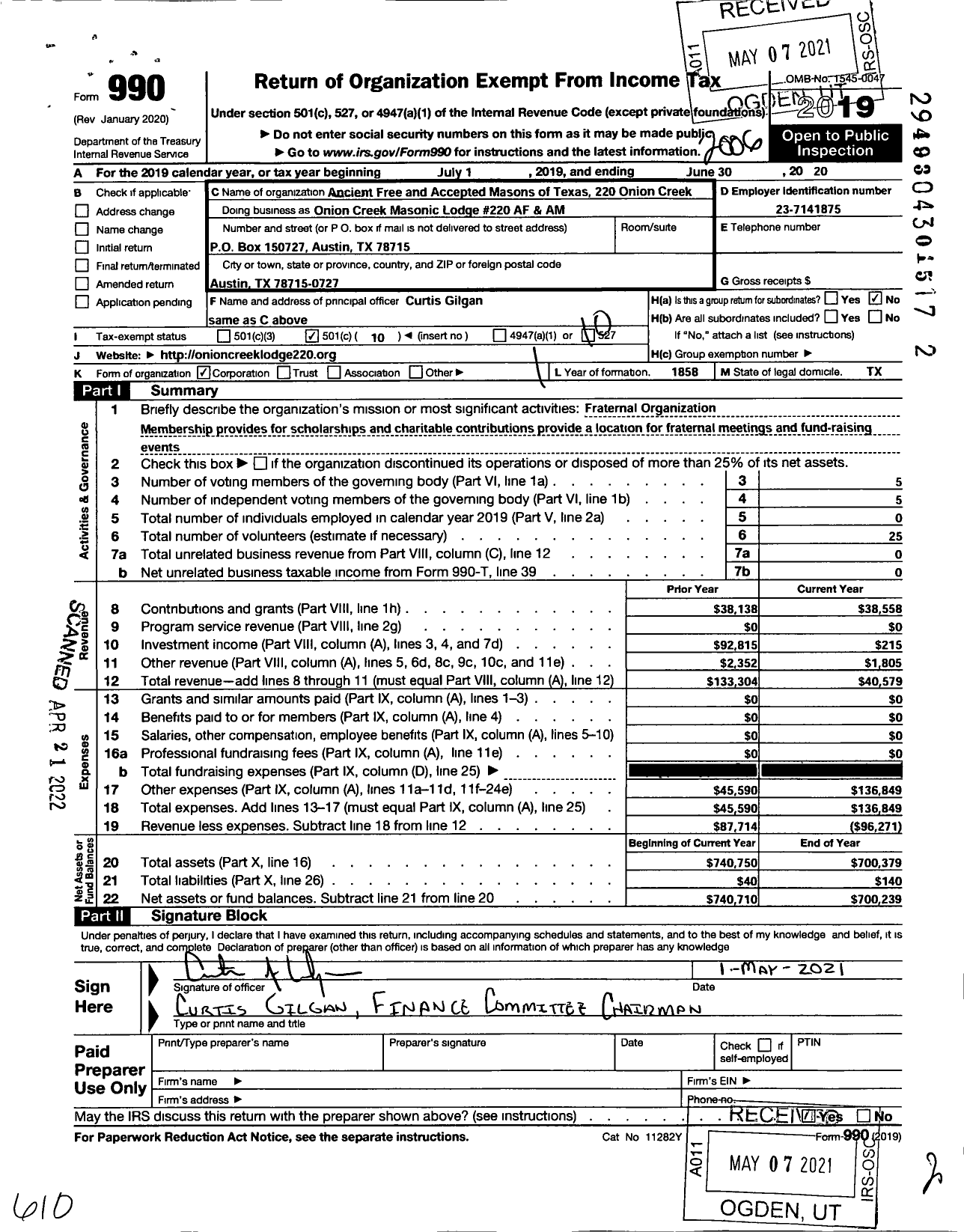 Image of first page of 2019 Form 990O for Freemasons in TEXAS - Onion Creek Lodge #220 AF & AM