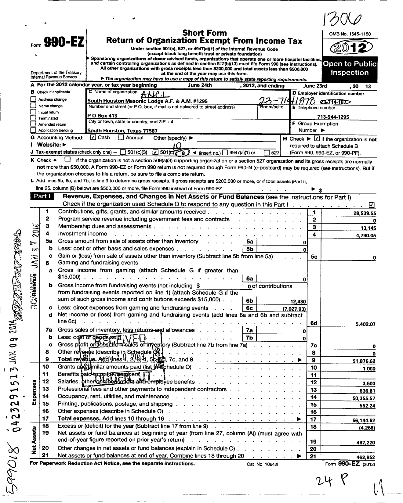 Image of first page of 2012 Form 990EO for Freemasons in Texas - 1295 South Houston A F & A M