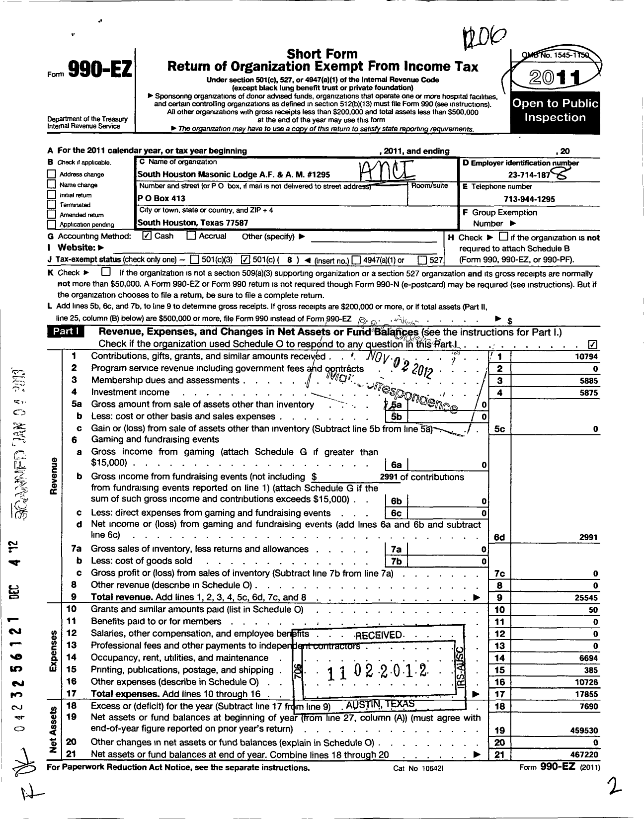 Image of first page of 2011 Form 990EO for Freemasons in Texas - 1295 South Houston A F & A M