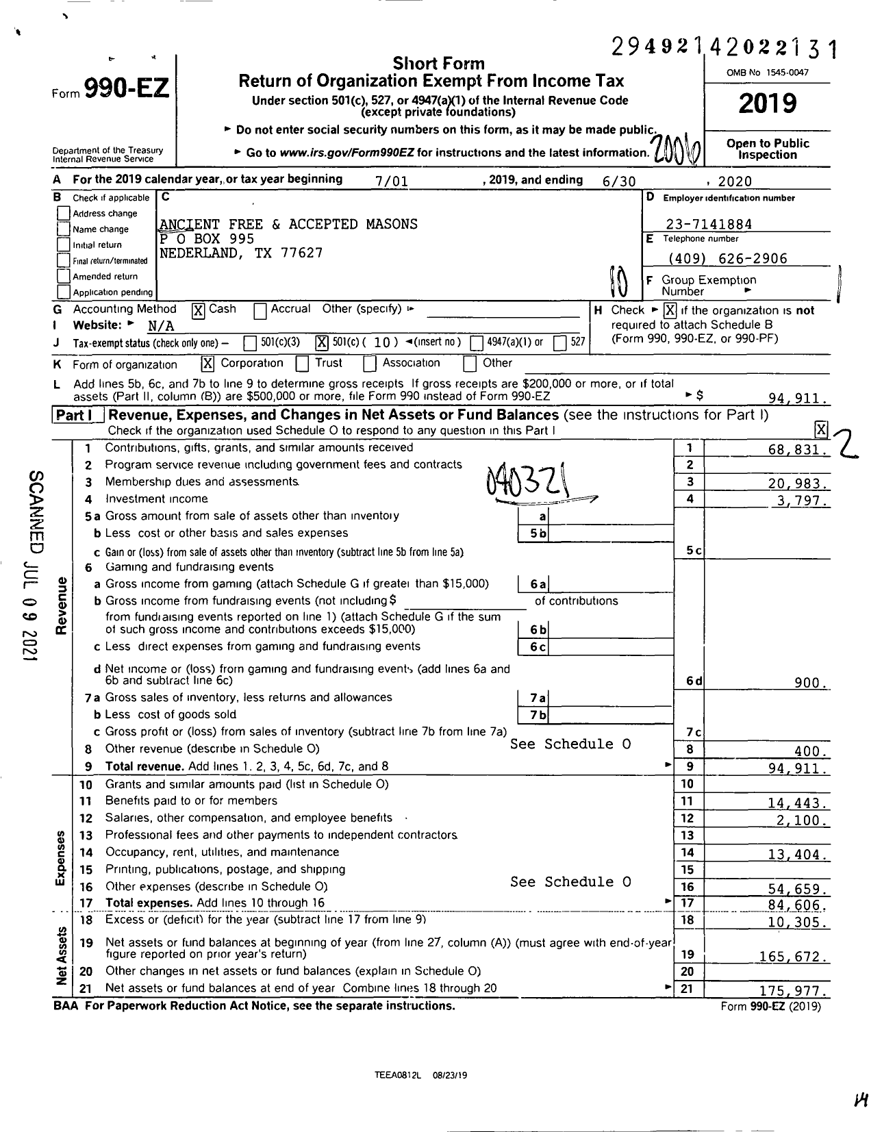 Image of first page of 2019 Form 990EO for Freemasons in Texas - 1368 Nederland