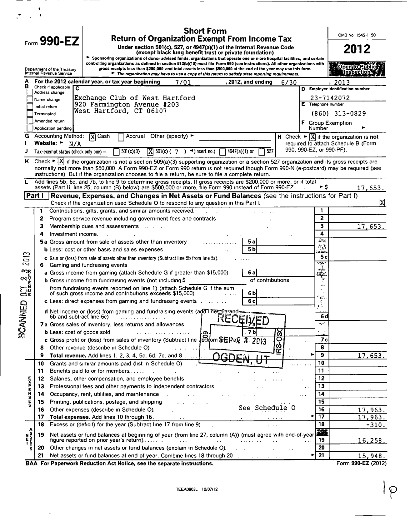 Image of first page of 2012 Form 990EO for National Exchange Club - 1243 West Hartford CT