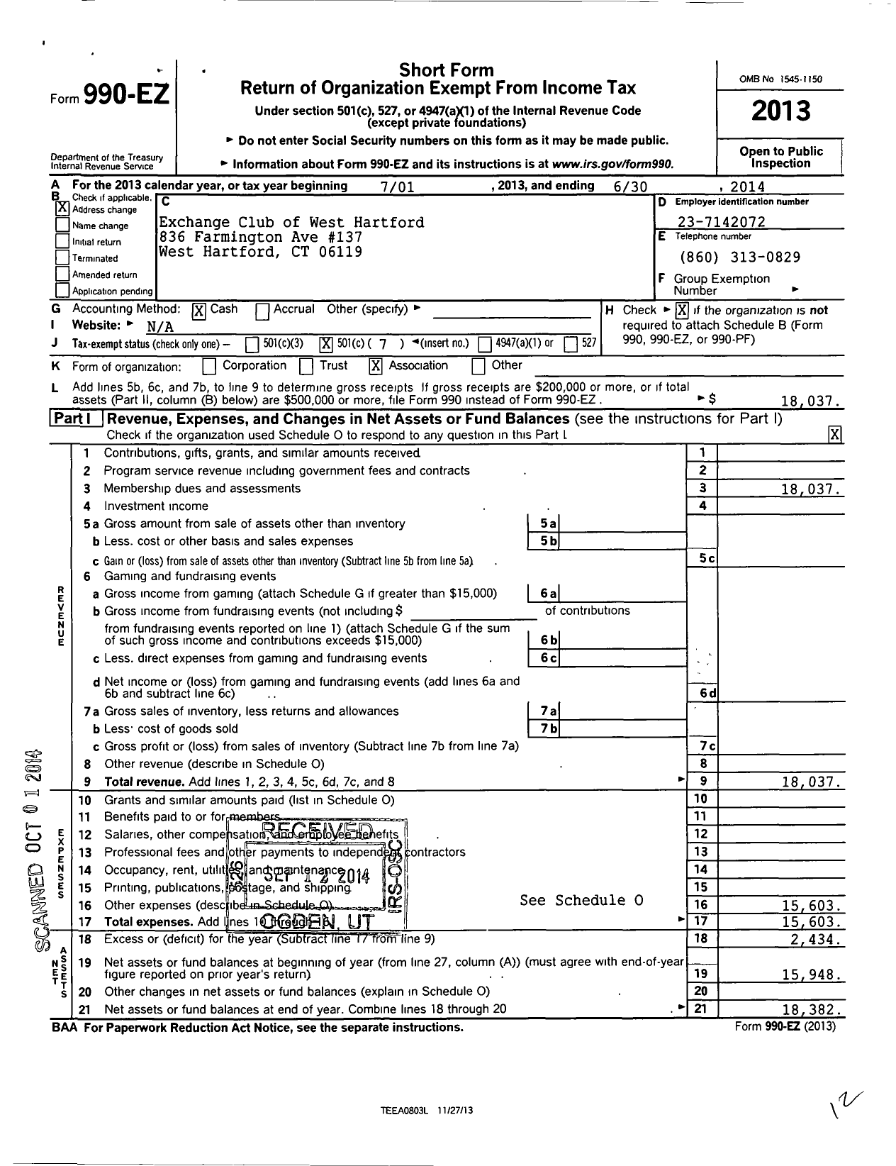 Image of first page of 2013 Form 990EO for National Exchange Club - 1243 West Hartford CT