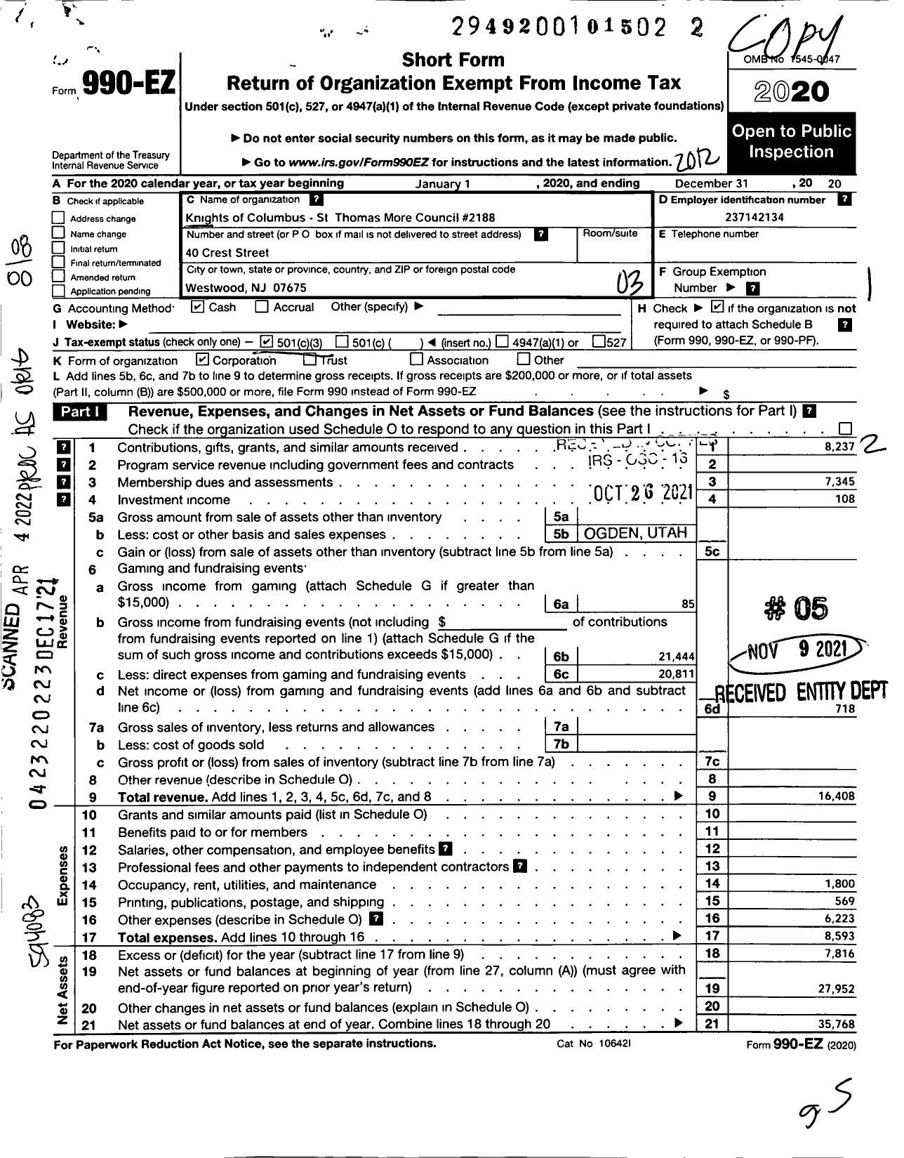 Image of first page of 2020 Form 990EZ for KNIGHTS OF COLUMBUS - 2188 St Thomas More Council