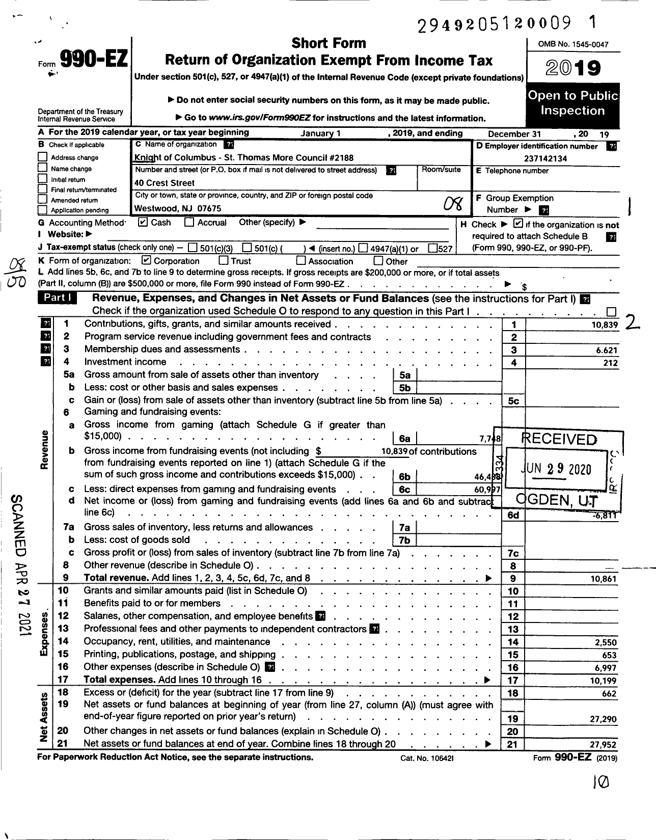 Image of first page of 2019 Form 990EO for KNIGHTS OF COLUMBUS - 2188 St Thomas More Council