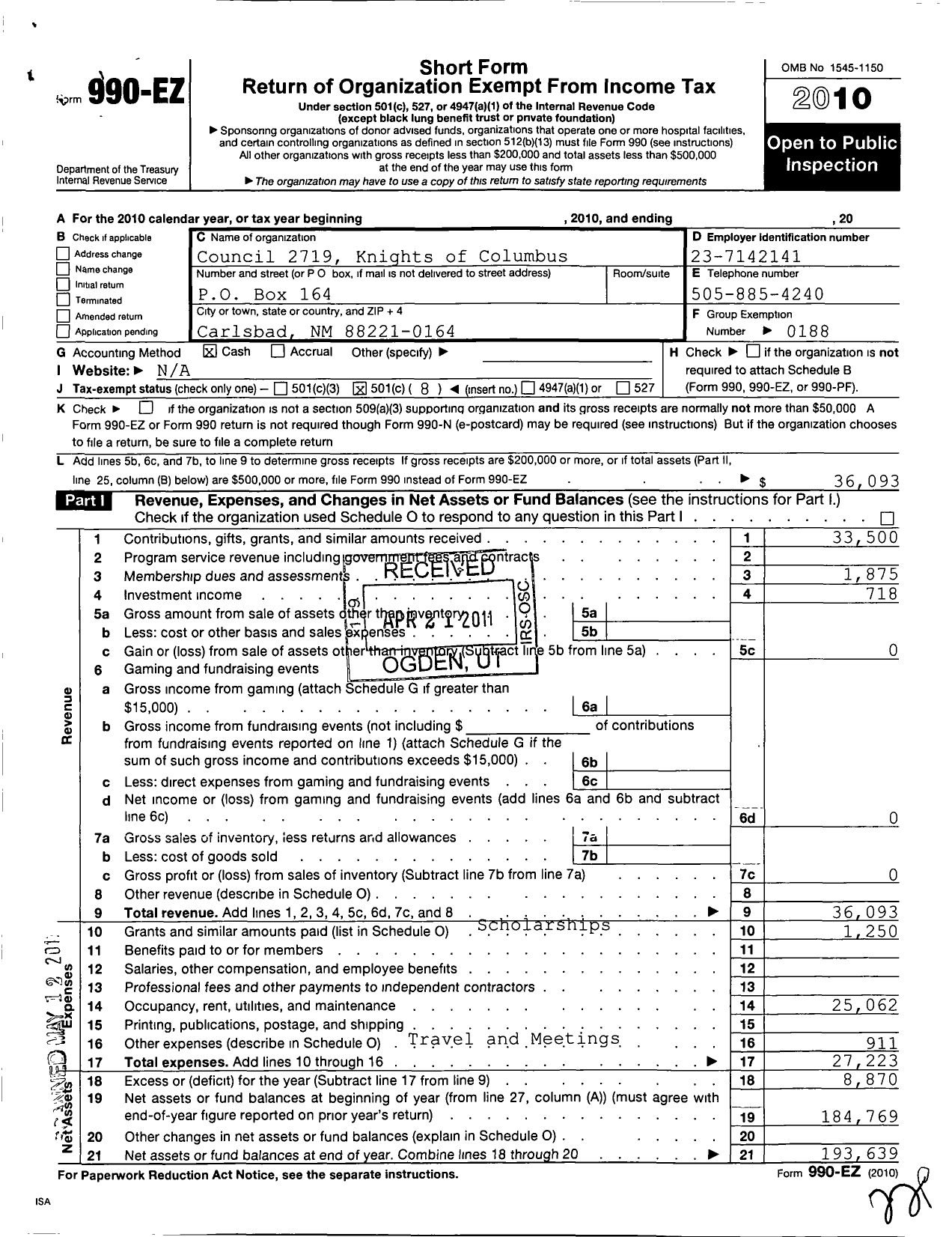 Image of first page of 2010 Form 990EO for Knights of Columbus - 2719 Blessed Trinity Council