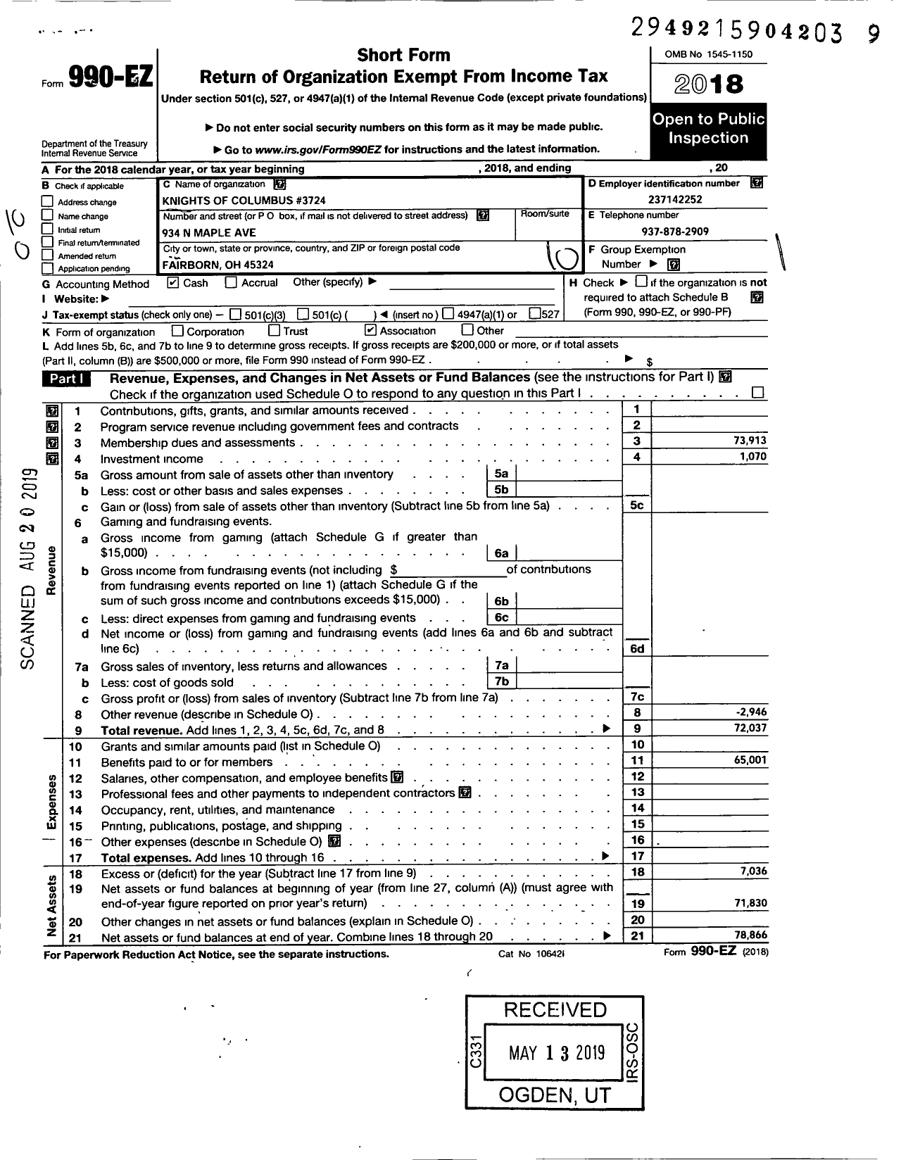 Image of first page of 2018 Form 990EO for Knights of Columbus - 3724 Fairborn Council