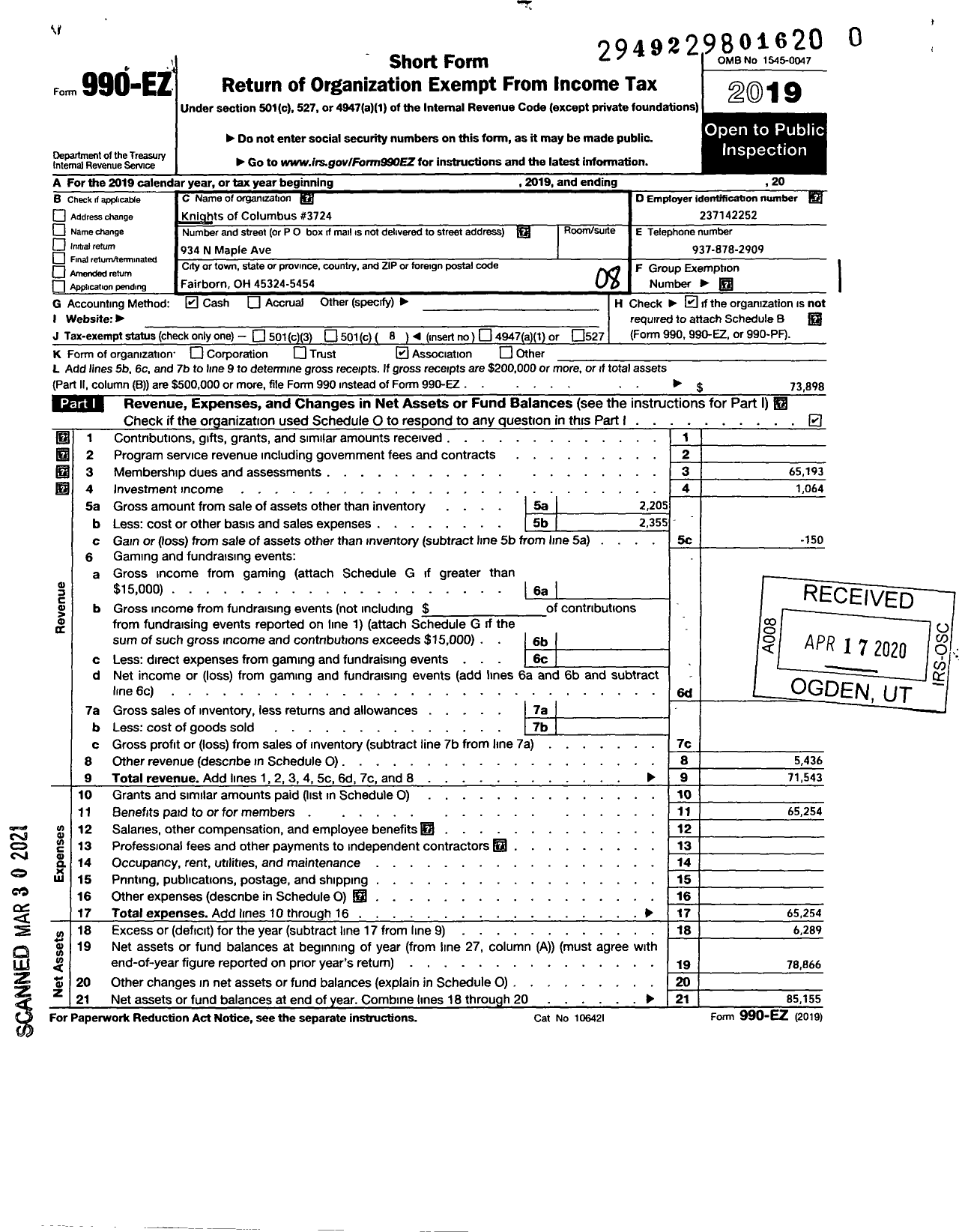 Image of first page of 2019 Form 990EO for Knights of Columbus - 3724 Fairborn Council