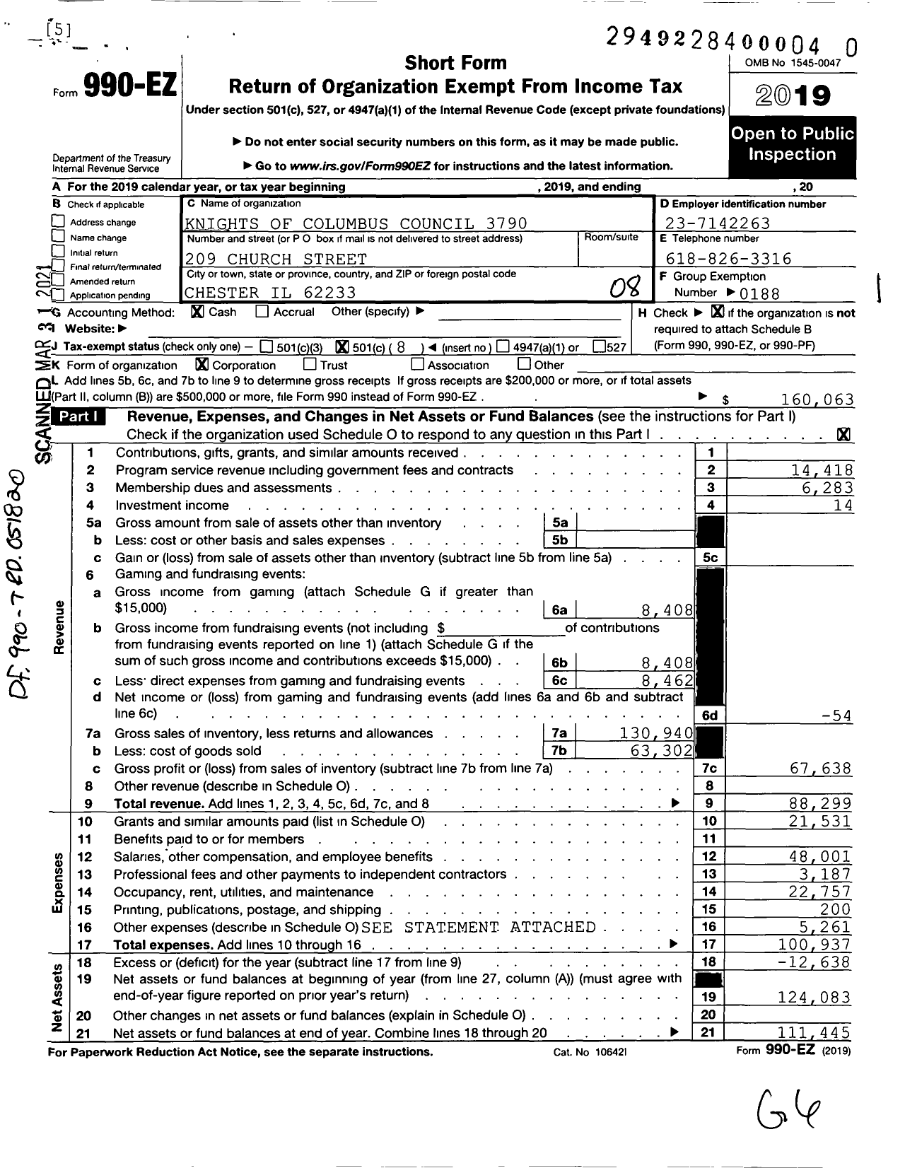 Image of first page of 2019 Form 990EO for Knights of Columbus - 3790 St Marys Council