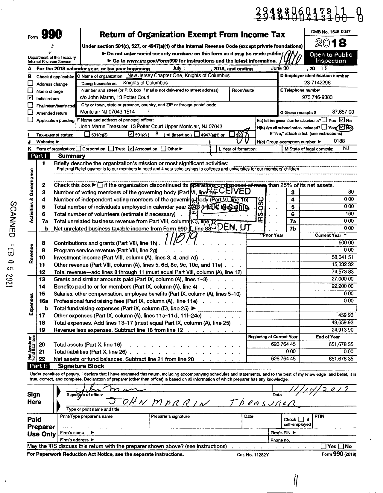 Image of first page of 2018 Form 990O for Knights of Columbus - Knights of Columbus