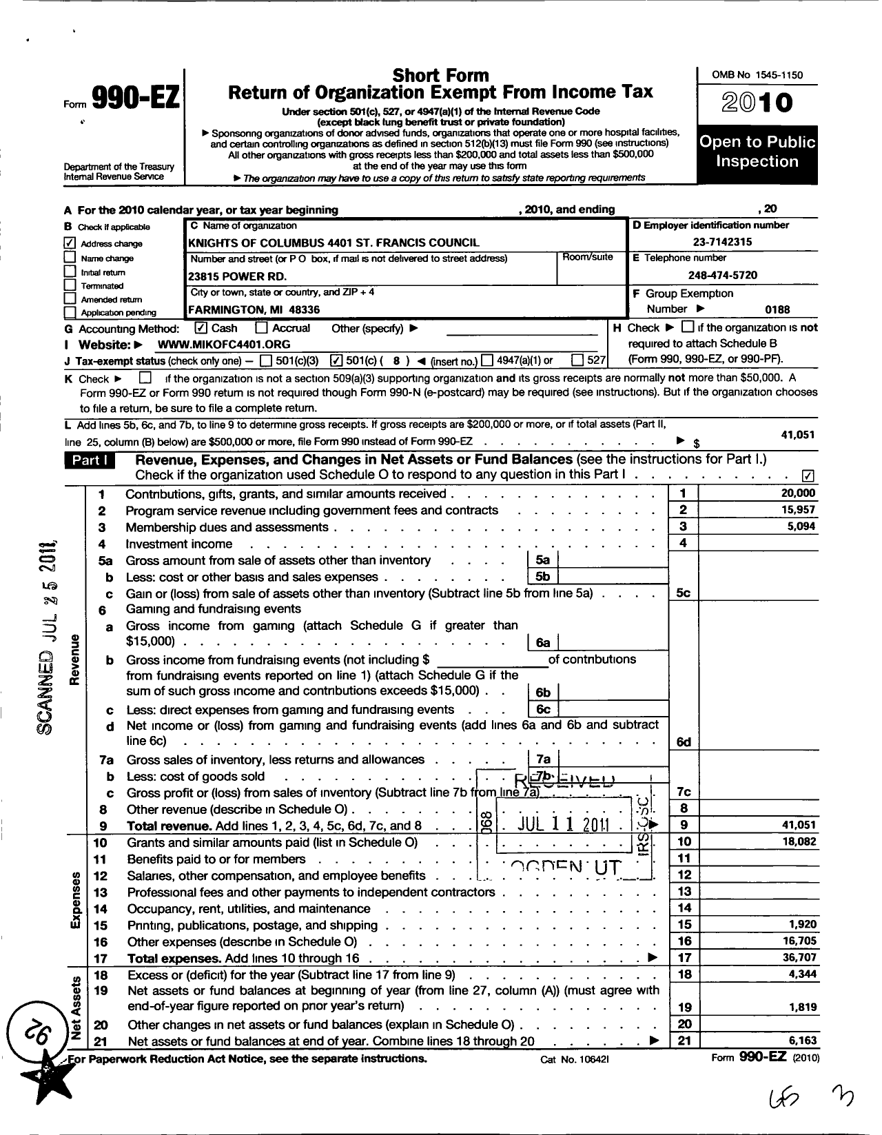 Image of first page of 2010 Form 990EO for Knights of Columbus - 4401 St Francis Council